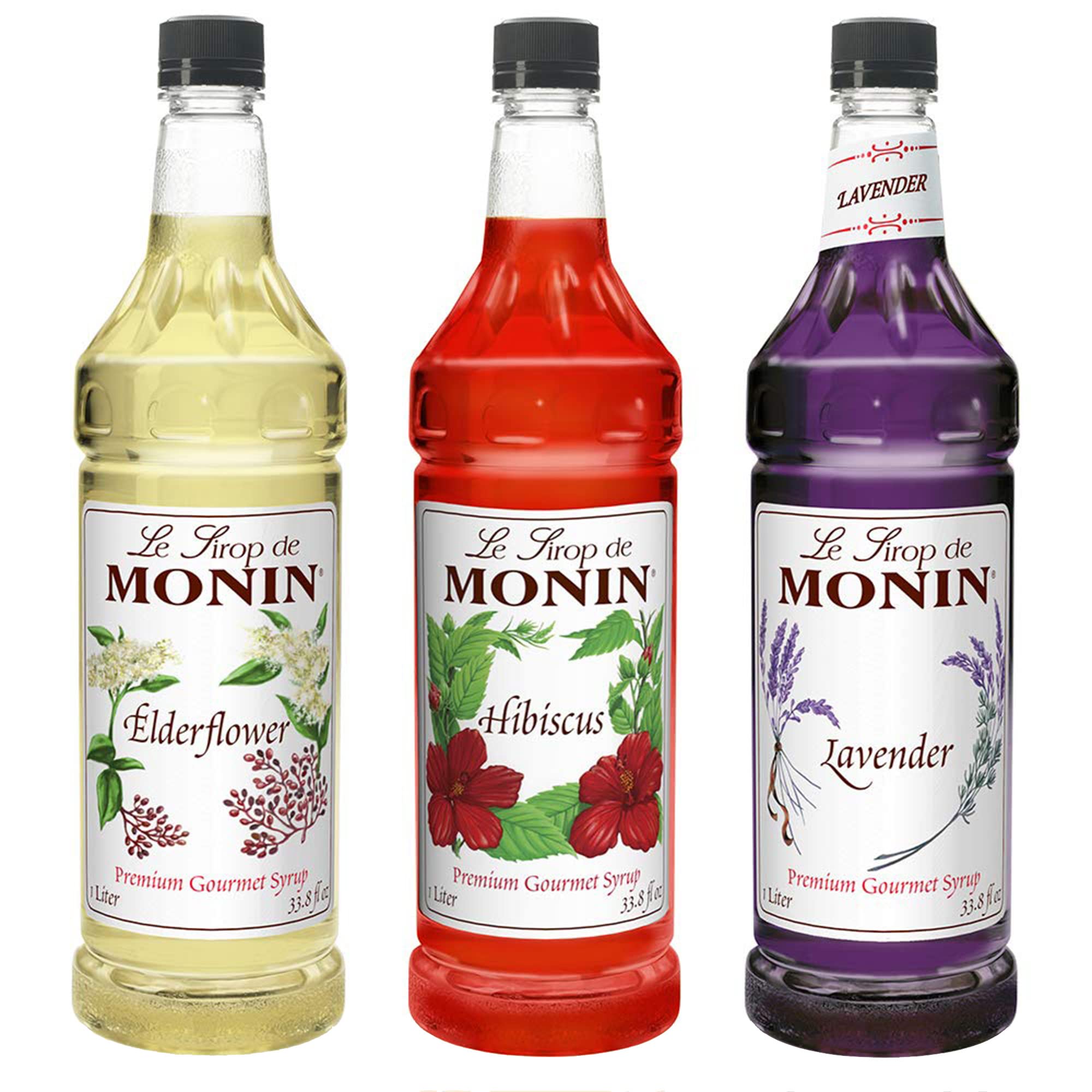 Monin Floral Variety Pack - Lavender, Elderflower & Hibiscus Syrup (3-Pack, 1L Each) | Gluten-Free, Vegan, Non-GMO Cocktail Mixer for Drinks, Mocktails, Teas & Lemonades | Perfect for Home Bars, Cafés & Party Beverages