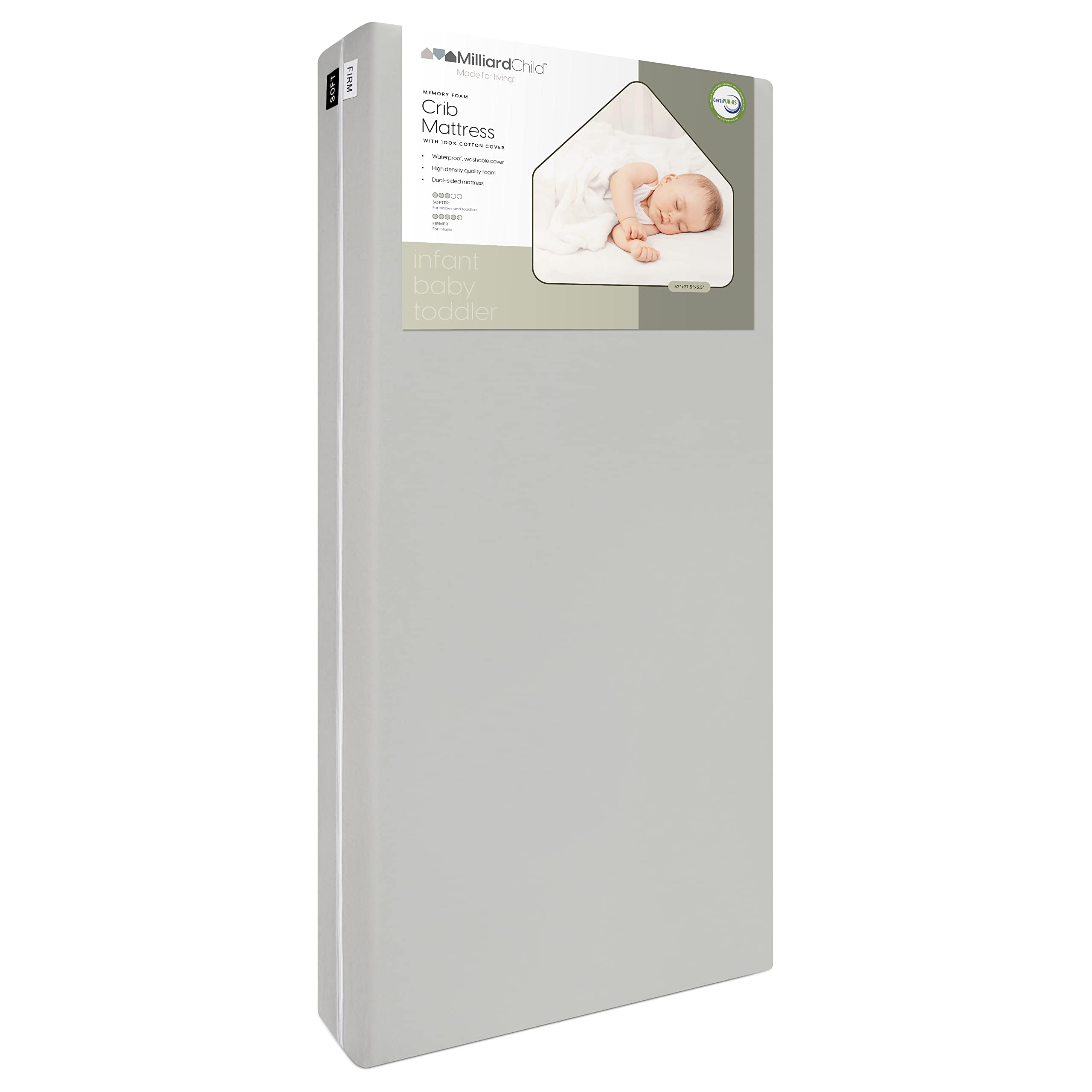 Milliard Memory Foam Crib Mattress - Dual Firm & Soft Sides for Baby & Toddler | 100% Breathable Cotton Cover | Flip Technology | 5.5x52x27.5 Inches | Made in USA | Perfect for Nursery & Daycare Use