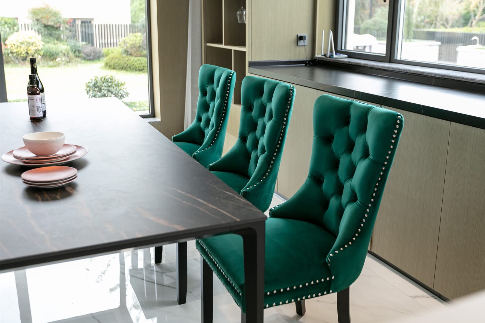Luxury Velvet Upholstered Dining Chairs - Button Tufted Back with Nailhead Trim, Solid Wood Frame, Set of 6 (Emerald Green) - Perfect for Formal Dining Rooms, Wedding Receptions & Elegant Home Decor