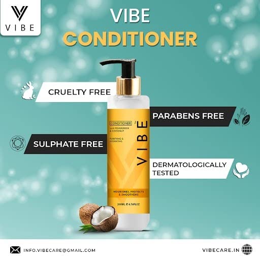 VIBESS Hair Fall Defense Conditioner for Men & Women with Fenugreek & Coconut Extract | Purifying & Hydrating Hair Treatment | Prevents Breakage & Hair Loss | Sulfate-Free & Nourishing Hair Care | 200ml | Perfect for Daily Use & Damaged Hair Repair