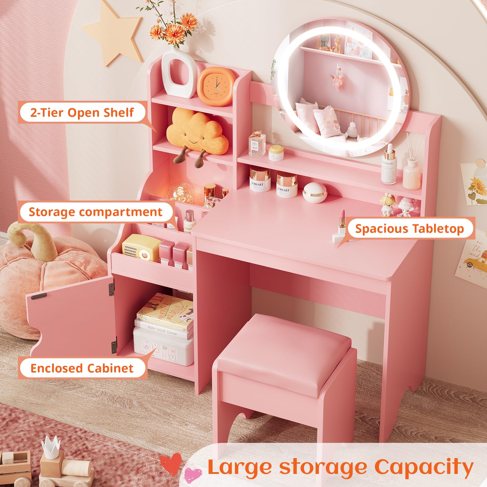 **Vabches Kids Vanity Set with LED Lights - Princess Makeup Vanity Desk with Open Bookshelf, Storage Cabinet & Shelves - Toddler Vanity Table & Chair Set - Pretend Play Dress Up Toy for Little Girls (Pink) - Perfect for Bedroom, Playroom & Birthday Gifts**