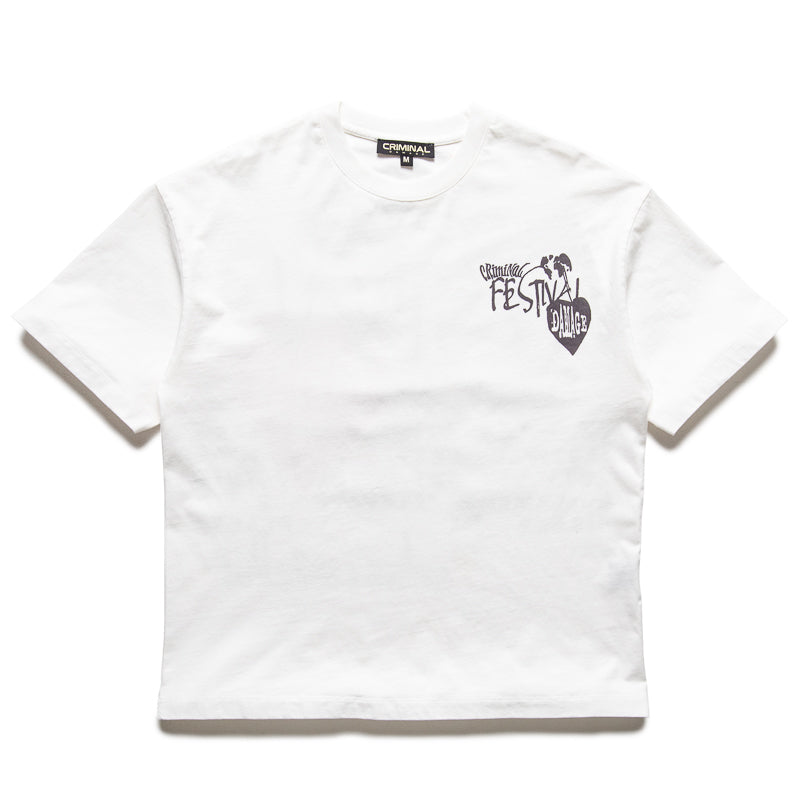 Criminal Damage CD Festival Tee - Off White Vintage Graphic T-Shirt for Men | Punk Rock Concert Outfit, Streetwear Fashion