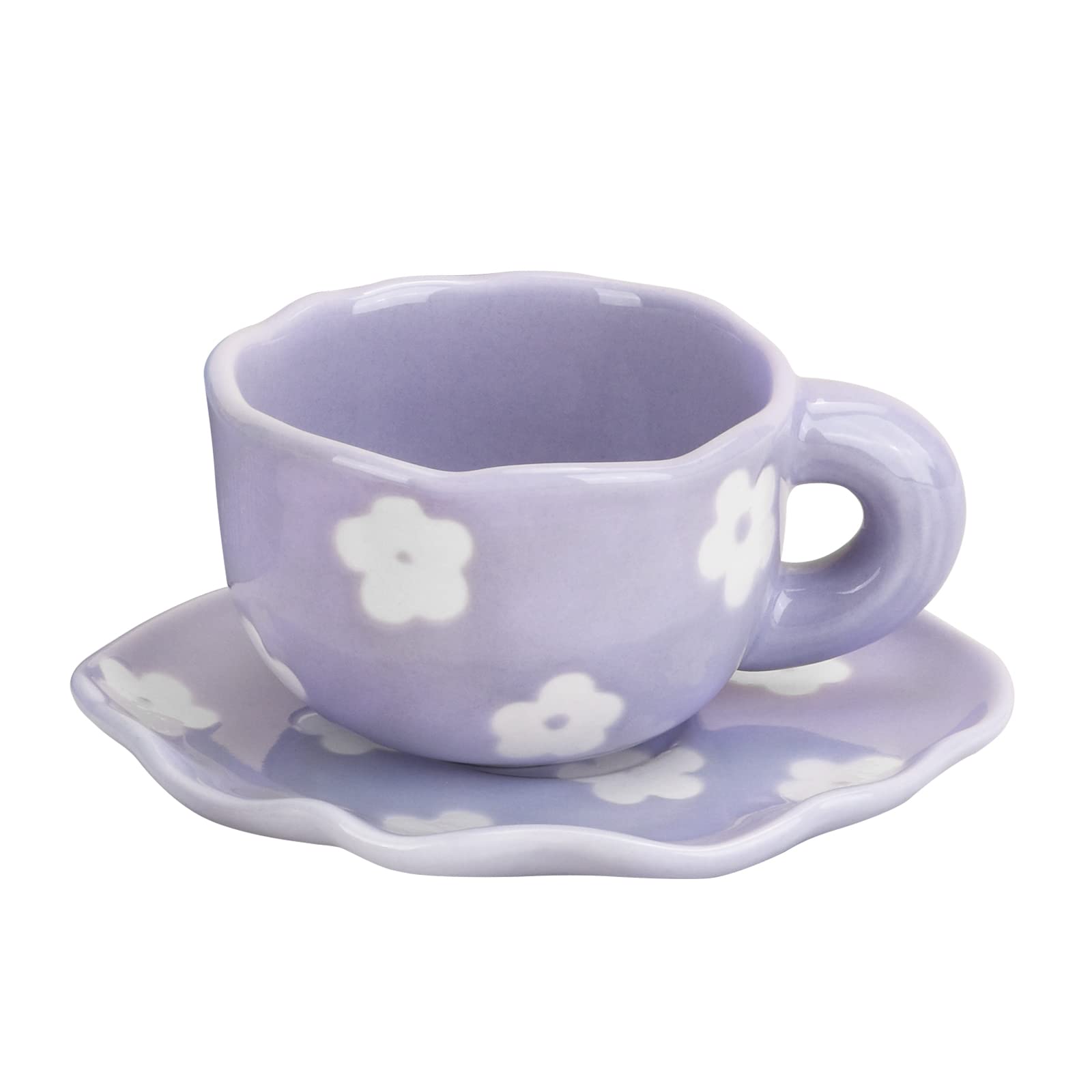 Koythin Ceramic Coffee Mug with Saucer Set - 6 oz (180ml) Cute Irregular Design for Latte, Tea & Milk - Perfect for Office & Home Use (Purple Flower) | Great for Morning Coffee, Afternoon Tea or Gift Giving