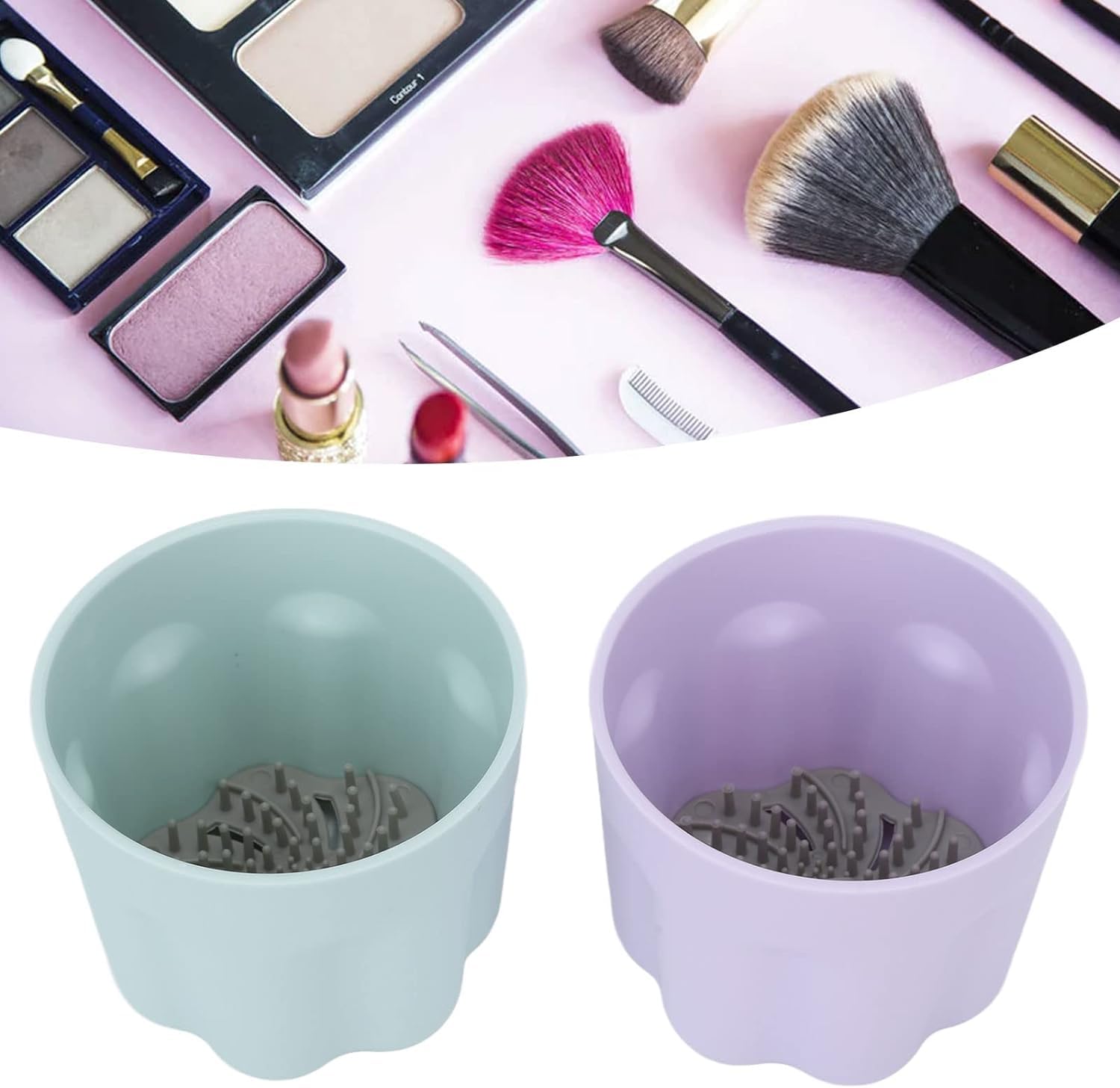 ZDQTRA Plastic Cosmetic Makeup Brush Scrubber Mat & Drying Holder with Travel Cup & Lid - Multi Color (1 Pack) - Perfect for Travel, Salon & Home Makeup Organization