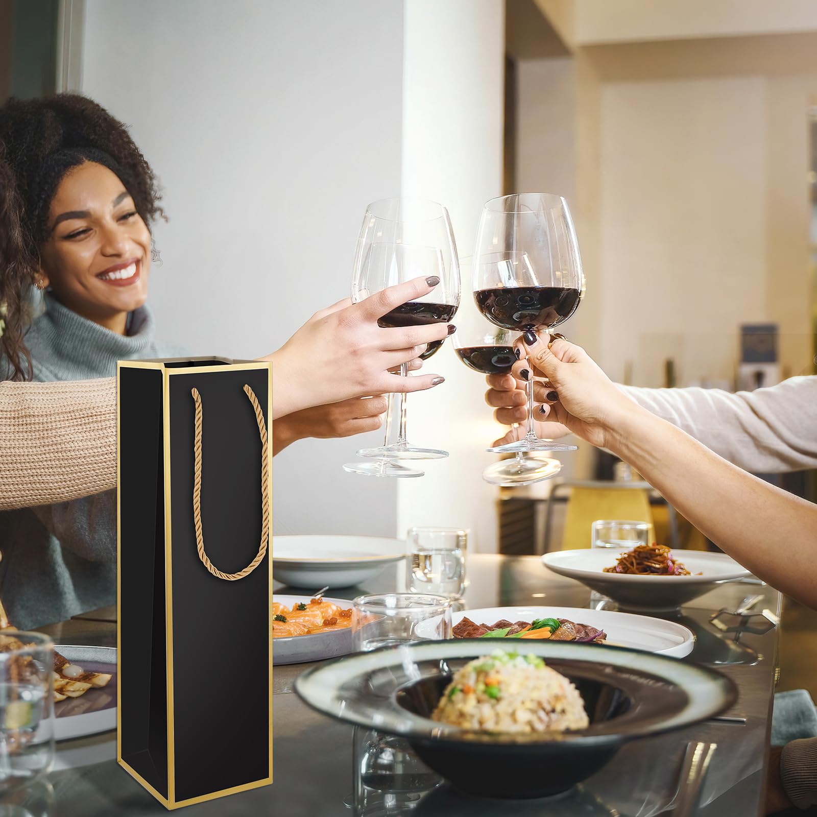 Luxury Wine Gift Bags 2 Pack - Reusable Gold Foil Print Black Wine Bottle Bags (4