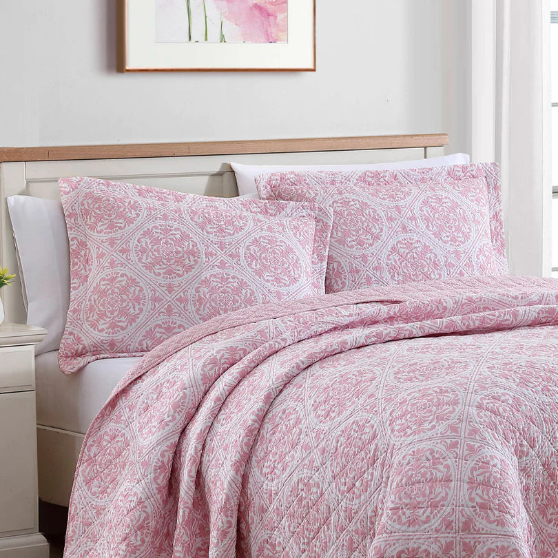 Laura Ashley Ayla Dusted Rose Cotton Coverlet Set - Soft & Elegant Bedding for Master Bedroom or Guest Room Decor