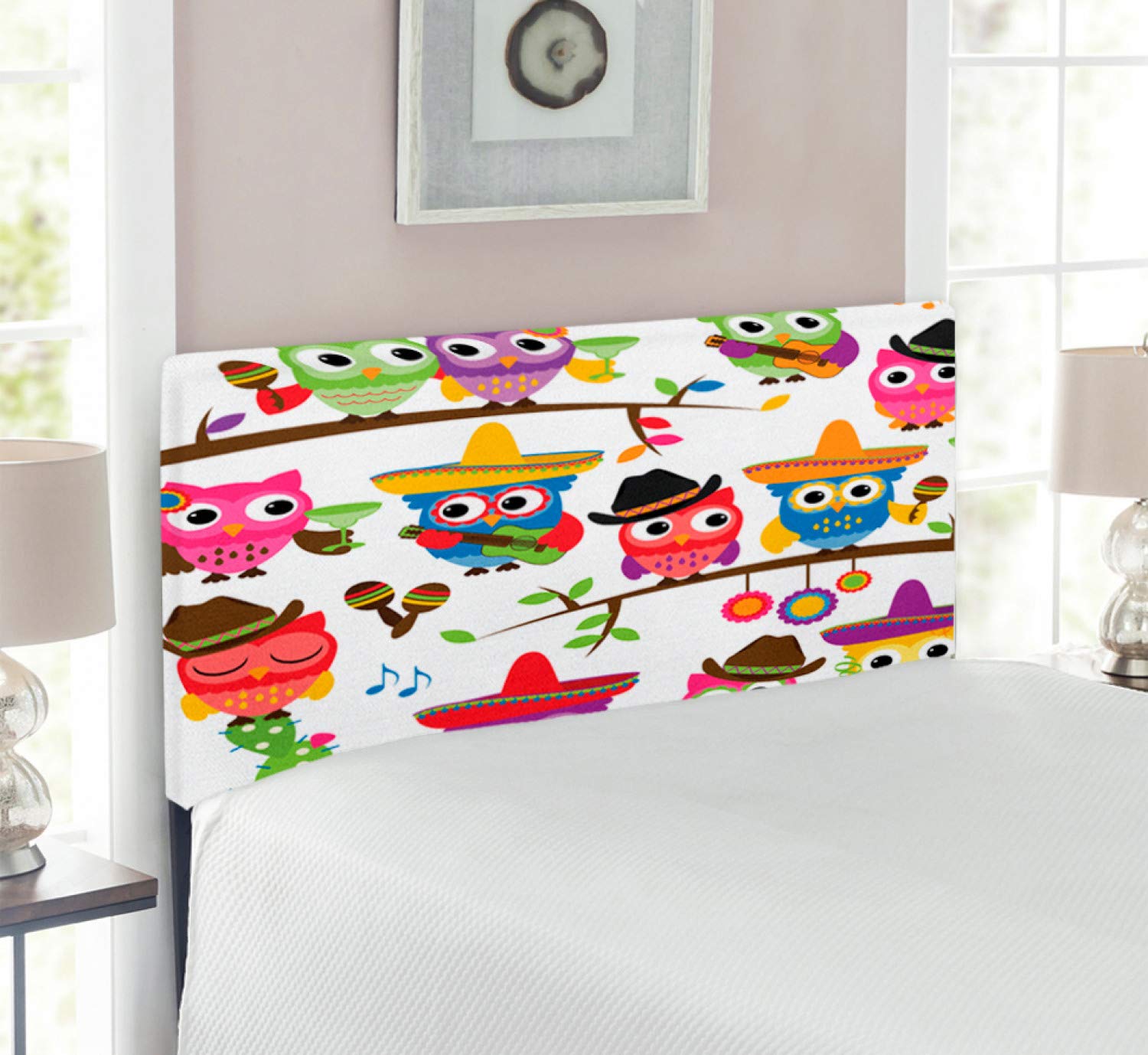 Lunarable Owls Headboard - Cowboy Cowgirl Animals with Hats & Guitars Cactus Cinco de Mayo Themed Art - Upholstered Decorative Metal Bed Headboard with Memory Foam - Twin Size Multicolor - Perfect for Western Themed Bedrooms & Kids' Rooms