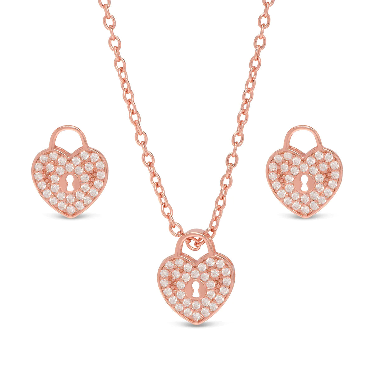 Lily Nily Rose Gold Pave CZ Heart Lock Necklace & Earrings Set - Perfect for Valentine's Day Gifts, Anniversary Presents & Romantic Date Nights