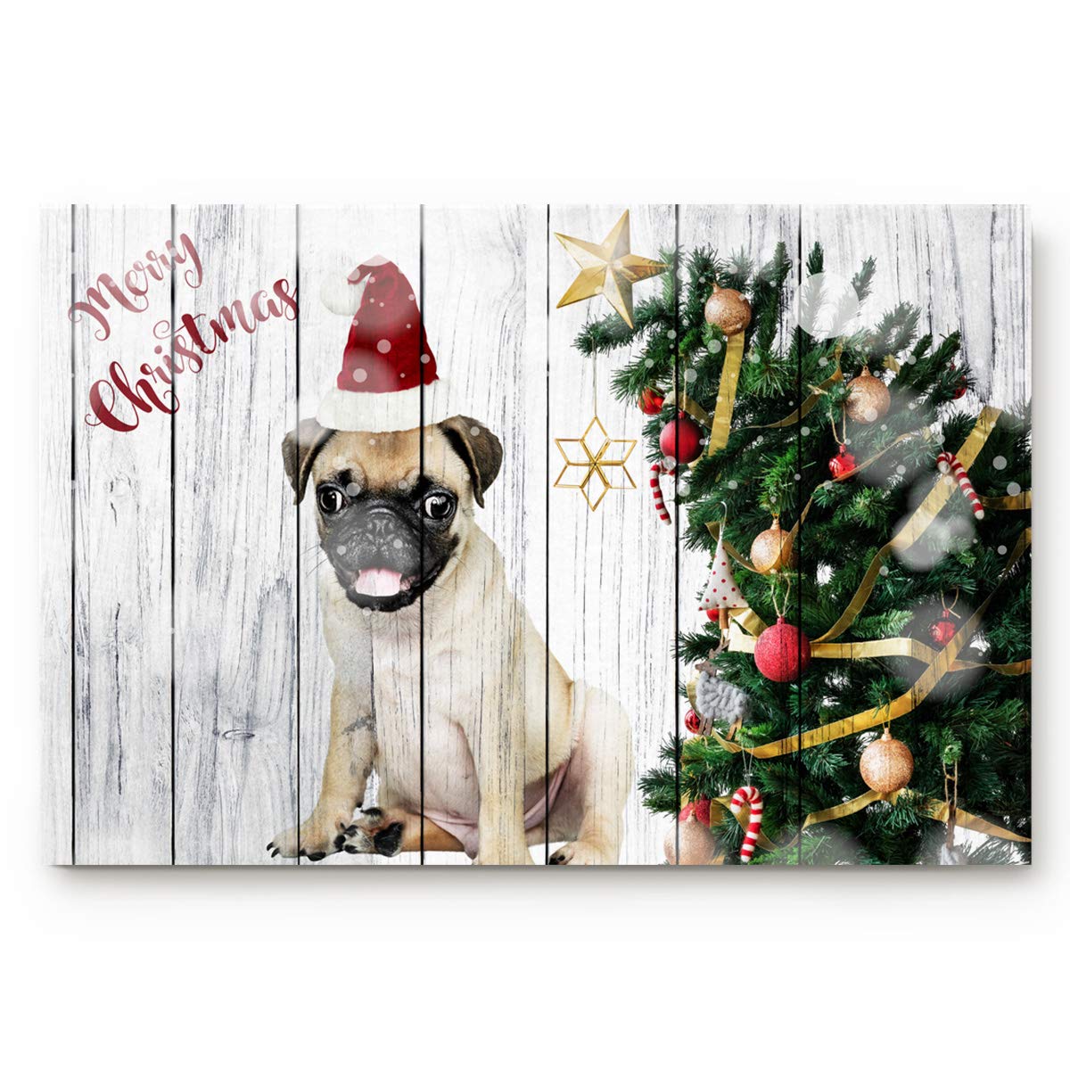 Chic D Merry Christmas Pug Dog Doormat - Non-Slip Welcome Mat for Indoor/Outdoor Use - Rustic Wood Xmas Tree Design - Washable 16x24 Inch - Perfect for Front Door, Bathroom, or Pet Areas - Great Holiday Decor Gift Idea