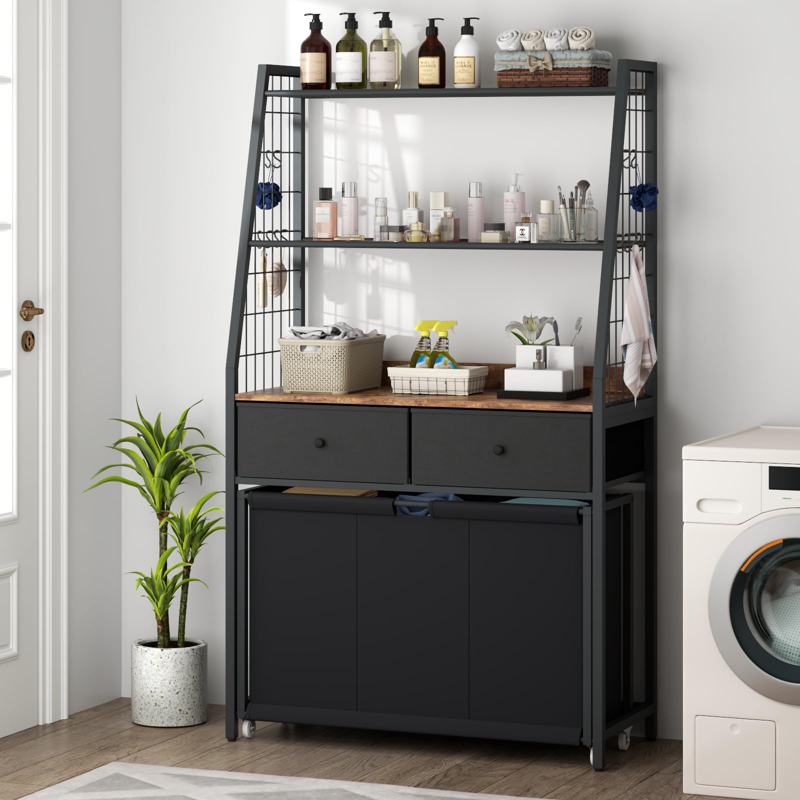 3-Section Rolling Laundry Hamper with 2-Tier Storage Shelf & 2 Drawers - Foldable Clothes Sorter Organizer for Bedroom, Bathroom & Laundry Room - Perfect for Home Organization & Space Saving