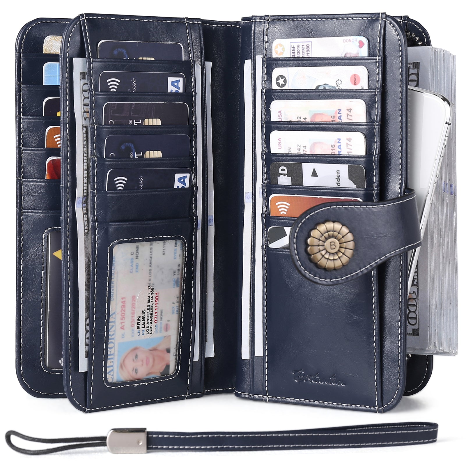 Lomy Big Wallet for Women with Wristlet - Large Capacity RFID Blocking Leather Wallet for Travel, Shopping & Everyday Use