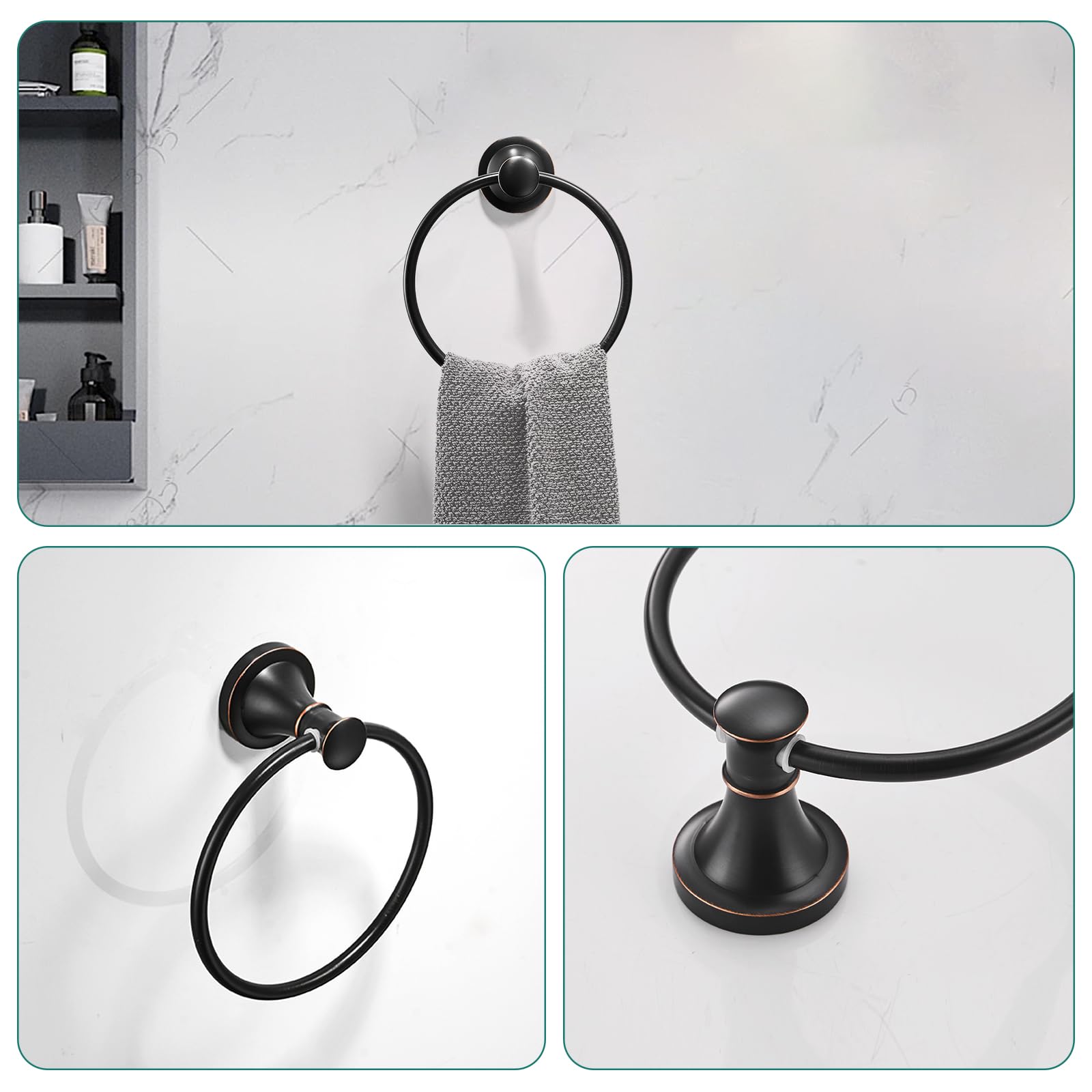 Hoimpro Oil Rubbed Bronze 4-Piece Bathroom Accessory Set - Adjustable Wall Mount Towel Bar Rack, Towel Ring, Toilet Paper Holder & Double Hooks - Perfect for Bathroom, Powder Room & Spa Decor