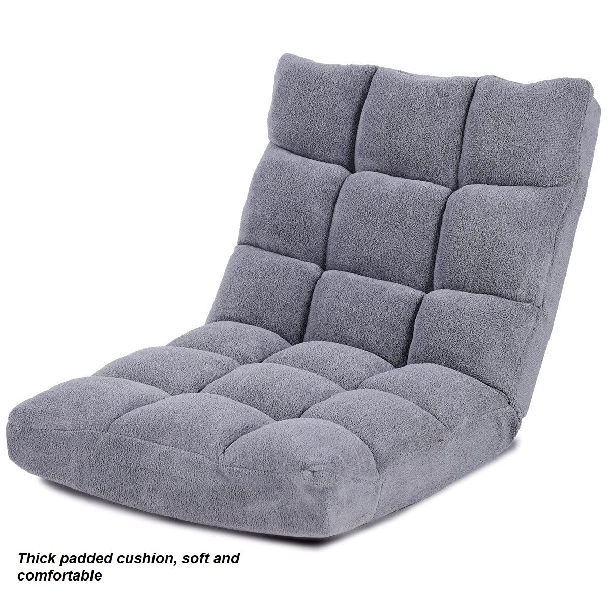 **Adjustable Grey Folding Floor Chair with Thick Padded Cushion - Portable Gaming & Lounger Recliner for Living Room, Reading, Watching TV, and Relaxing at Home**
