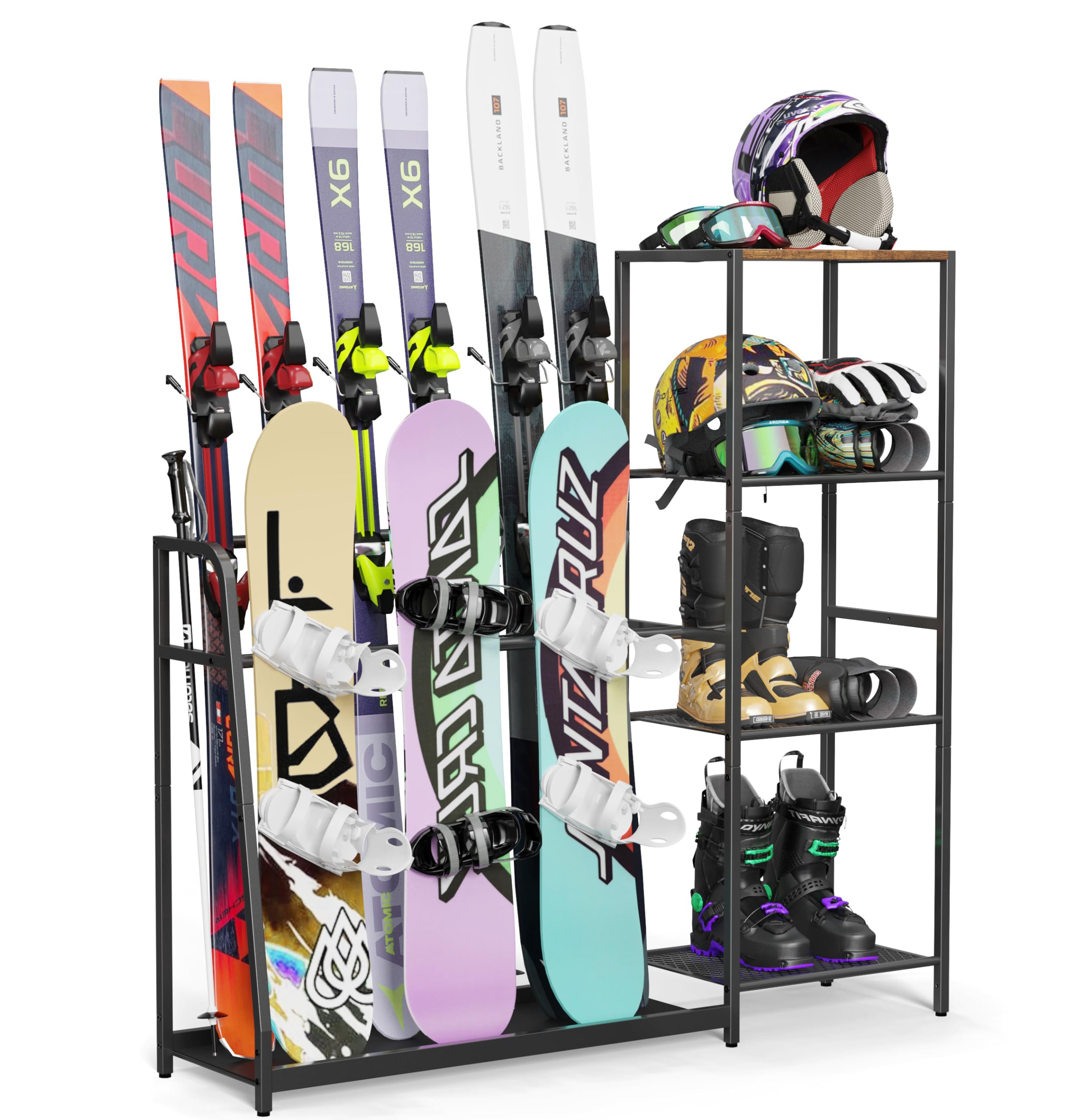 Freestanding Snowboard and Ski Rack - Holds 4 Pairs of Skis, 3 Snowboards, Boots, Poles, Goggles & Helmets - Space-Saving Garage, Shed, Basement Storage for Winter Sports Gear - Perfect for Organizing Equipment in Ski Resorts, Cabins, and Home Storage