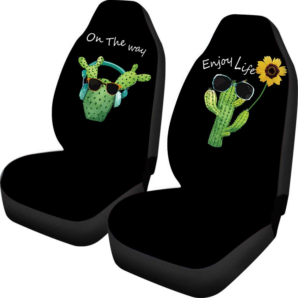 Showudesigns Funny Sunflower Cactus Car Seat Covers - Universal Fit 2-Piece Front Seat Protectors with Enjoy Life Print | Perfect for Daily Commute, Road Trips & Gift Giving