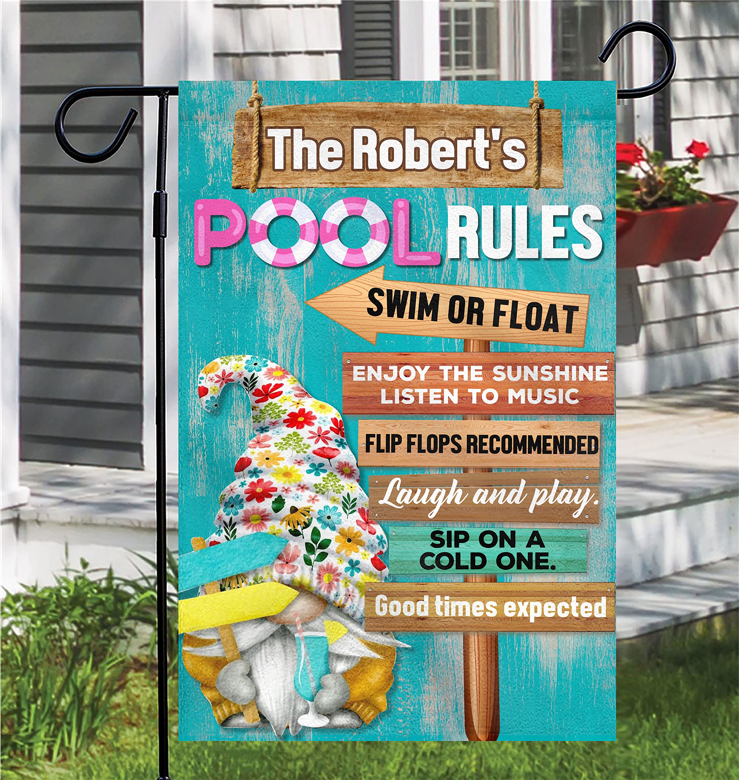 Personalized Summer Pool Rules Garden Flag - Double Sided 12x18 Inch Swimming Pool Banner with Beachy Design, Perfect for Beach House Decor, Backyard Parties & Outdoor Poolside Decoration | Durable Vertical Yard Flag with Fun Pool Gnome Signs