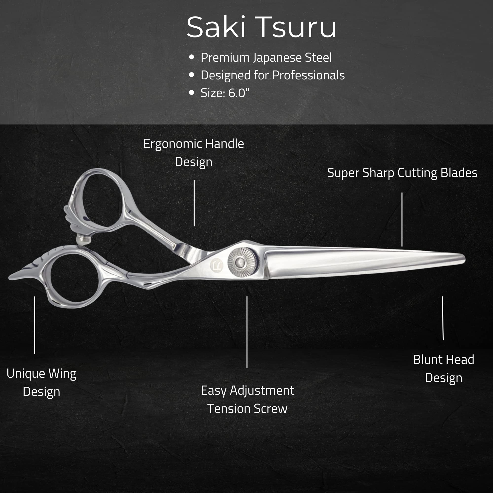 Premium Saki Shears Tsuru Professional Hair Cutting Scissors - 6 Inch Japanese Stainless Steel Shears for Barbers & Stylists - Adjustable Tension Thumb Screw - Perfect for Salon, Home Haircuts & Styling