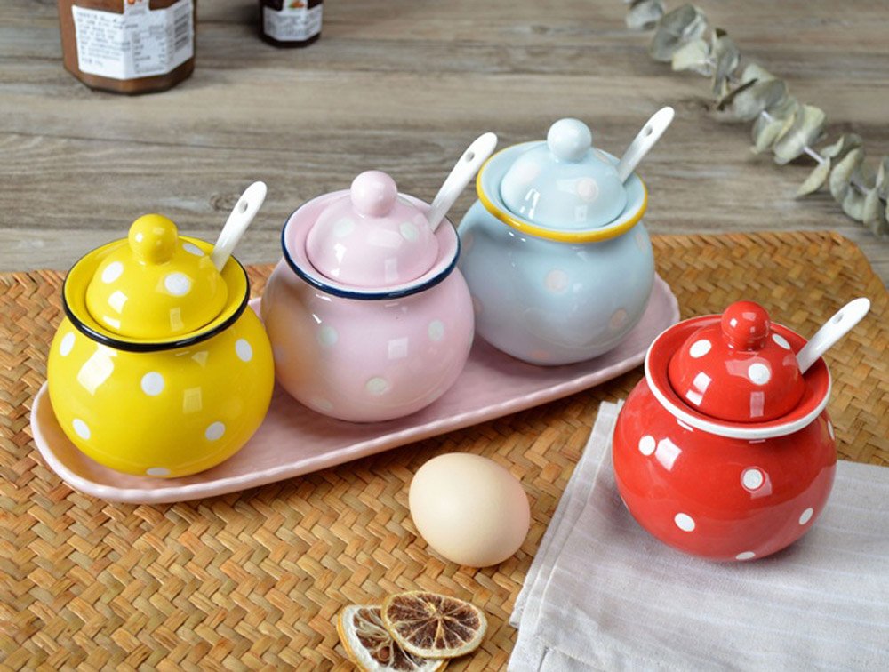 123Arts Ceramic Dot Sugar Salt Pepper Storage Jars with Lid & Spoon - Airtight Spice Containers for Kitchen, Dining Table & Countertop Organization - Perfect for Baking, Cooking & Seasoning