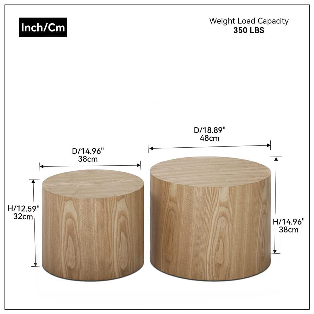 Round Coffee Table Set of 2 - Nesting Wooden Drum Side Tables for Living Room & Office | No Assembly Needed | Perfect for Small Spaces, Coffee Nooks & Lounge Areas