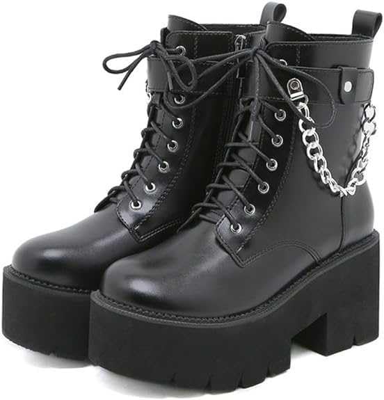 Gothic Women's Platform Motorcycle Boots - Mid Calf Black Patent Leather Goth Boots for Biker Fashion & Alternative Style | Perfect for Concerts, Nightclubs, and Motorcycle Riding