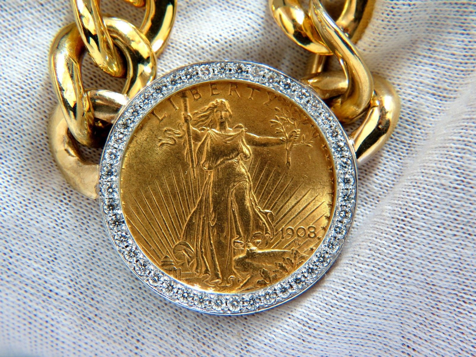 1908 Liberty Fine Gold Coin 2.00ct Diamond Cuban Link Necklace for Men - Luxury Vintage Jewelry Gift for Anniversary, Birthday & Special Occasions
