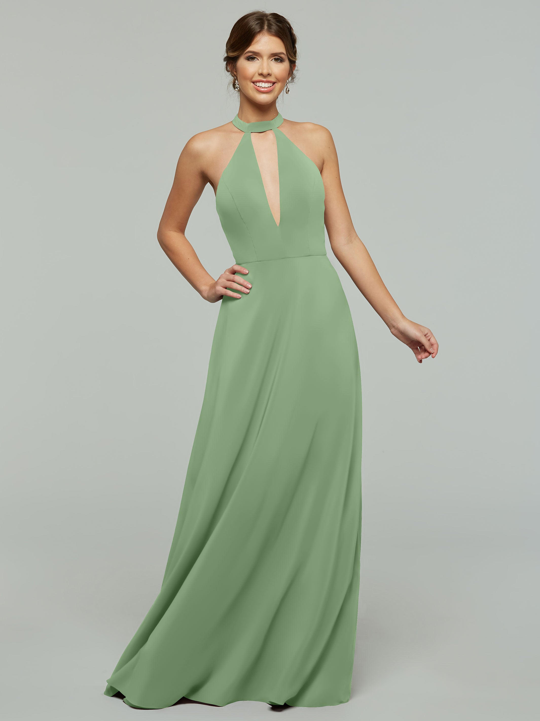 Elegant 80115 Stretch Chiffon A-Line Bridesmaid Dress with Plunging Halter Neckline - Perfect for Weddings, Formal Events & Special Occasions