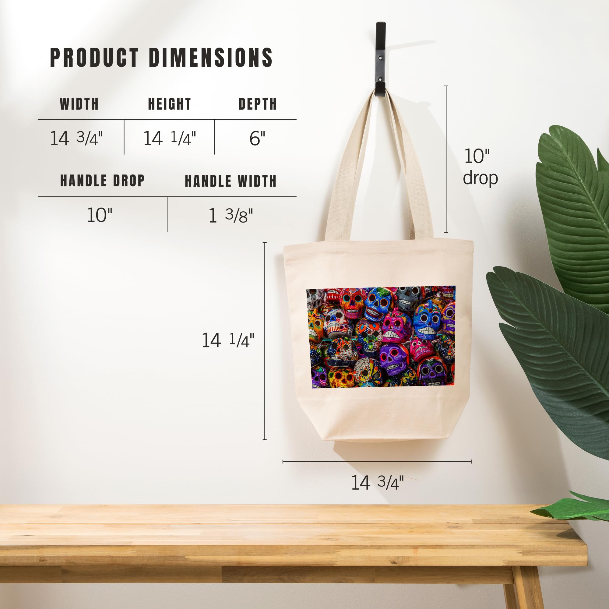 Lantern Press Dia de Los Muertos Sugar Skull Tote Bag - Vibrant Mexican Ceramic Art Print on 100% Cotton Canvas (Reusable Shopping Bag for Groceries, Beach & Everyday Use)