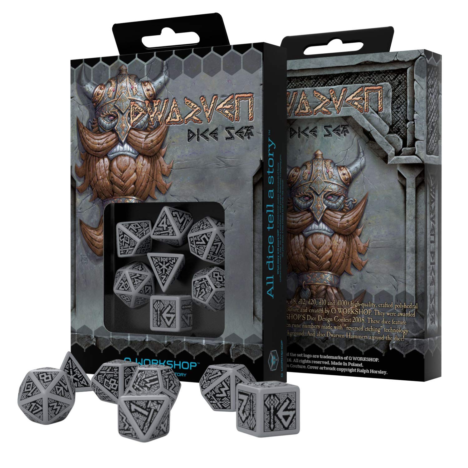 Q Workshop Dwarven Gray & Black RPG Dice Set - 7-Piece Polyhedral Dice for Dungeons & Dragons, Pathfinder & Tabletop Gaming - Perfect for Fantasy RPGs, Board Games & Collectors
