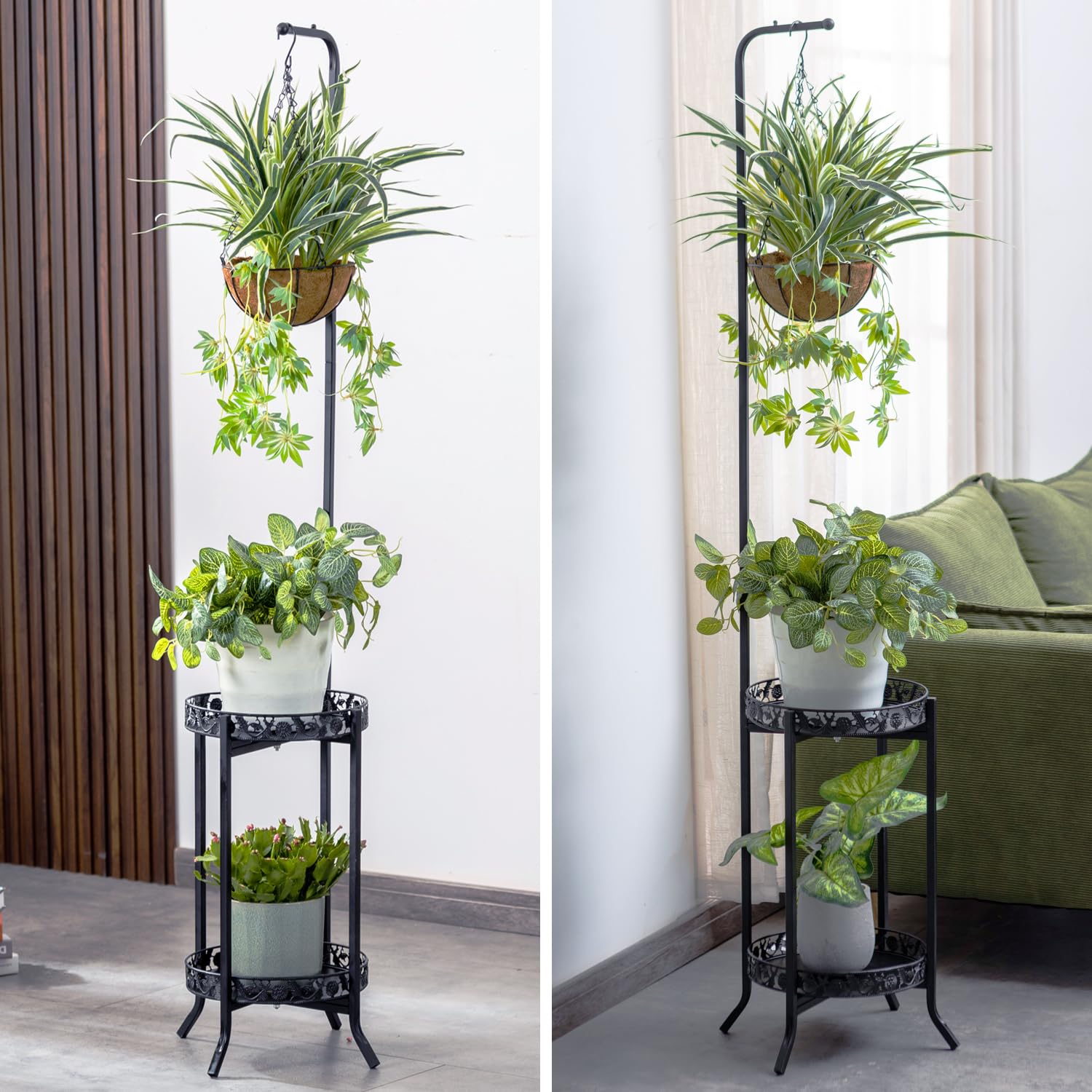 COPREE 2-Tier Hanging Plant Stand - Space Saving Iron Flower Pot Organizer Rack for Indoor & Outdoor Use - Sturdy Planter Shelving Unit for Multiple Plants - Perfect for Balcony, Patio, Garden Decor