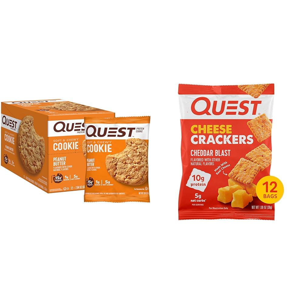Quest Nutrition Peanut Butter Protein Cookies & Cheddar Cheese Crackers - High Protein, Low Carb Snacks, 12 Count (1.06 oz Bags Each) - Perfect for Keto Diet, Gym Workouts, and Healthy On-the-Go Snacking