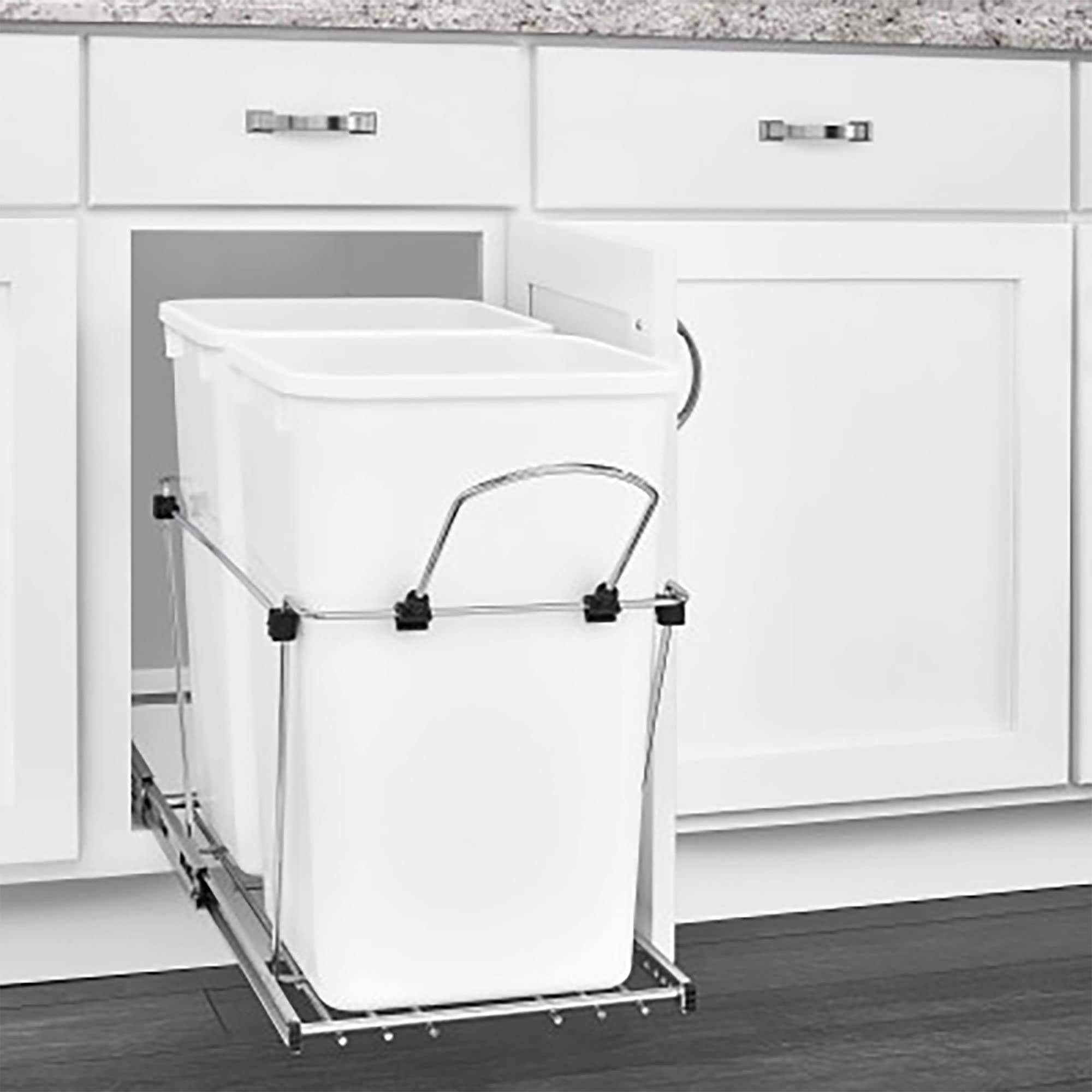 Rev-A-Shelf 27 Qt Under Cabinet Pull Out Trash Can - White Kitchen Waste Recycling Bin with Full Extension Slides (Model RV-15KD-11C) - Perfect for Small Kitchens, RVs & Space-Saving Storage Solutions