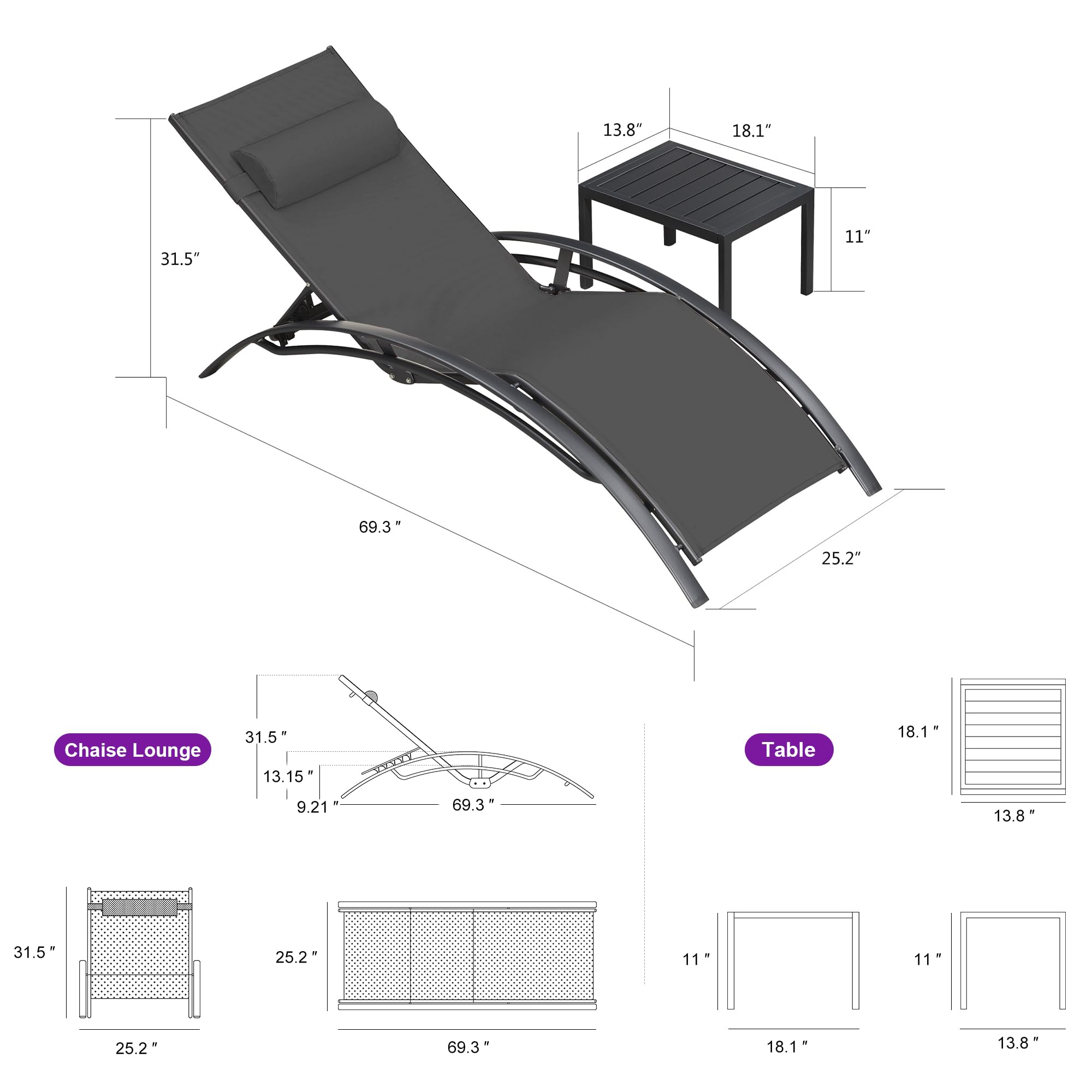 **PURPLE LEAF 3-Piece Outdoor Chaise Lounge Set - All-Weather Patio, Pool & Beach Sunbathing Chairs with Side Table - Perfect for Backyard, Lawn & Tanning (Black)**