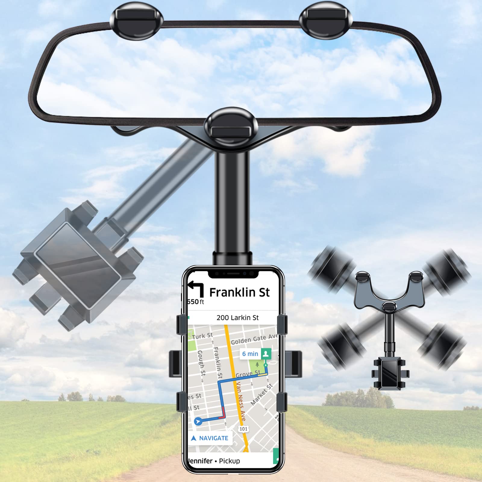 360° Rotatable & Retractable Universal Car Rearview Mirror Phone Mount Holder - Compatible with iPhone, Samsung & All Smartphones - Perfect for GPS Navigation, Hands-Free Calls & Road Trips