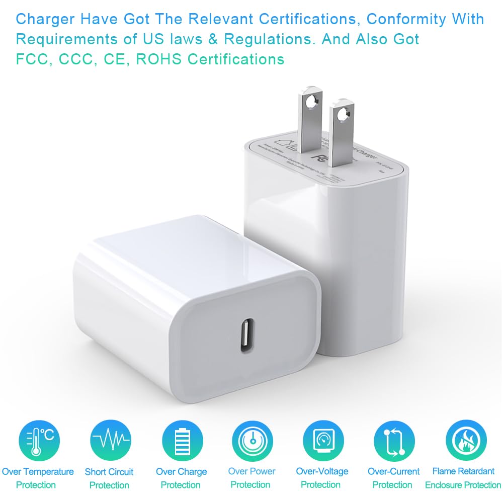 20W Fast Charger Block with 6ft USB C Cable - Compatible with iPhone 16/15 Series, iPad Pro/Air/Mini - Quick Charge & Data Sync - Perfect for Home, Office & Travel (2-Pack)