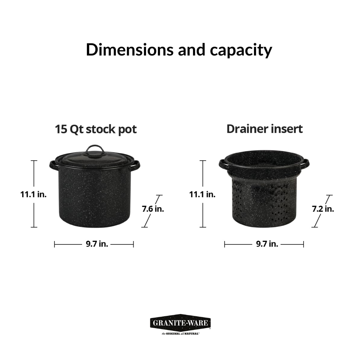 Granite Ware 7.5 Qt 3-Piece Multi-Use Pasta Pot Set with Strainer & Lid - Speckled Black - Large Capacity Cookware for Seafood, Soups, Sauces - Dishwasher Safe & Easy to Clean - Perfect for Family Dinners, Meal Prep & Entertaining