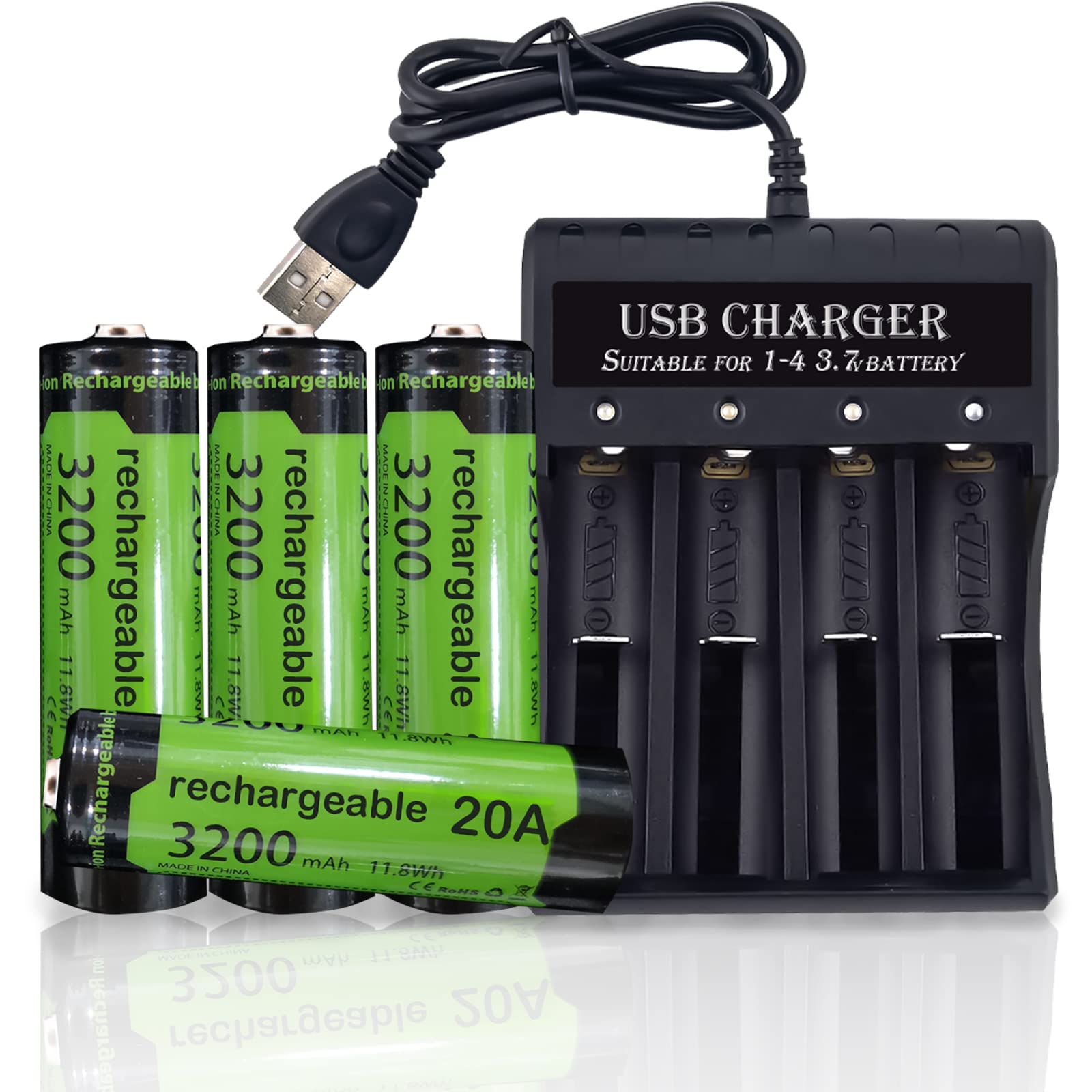 Rechargeable AA Batteries with USB Charger - 4 Pack 2800mAh NiMH for Flashlights, Headlamps, Fans, Cameras & Video Doorbells - Perfect for Camping, Emergency Kits & Home Security Devices