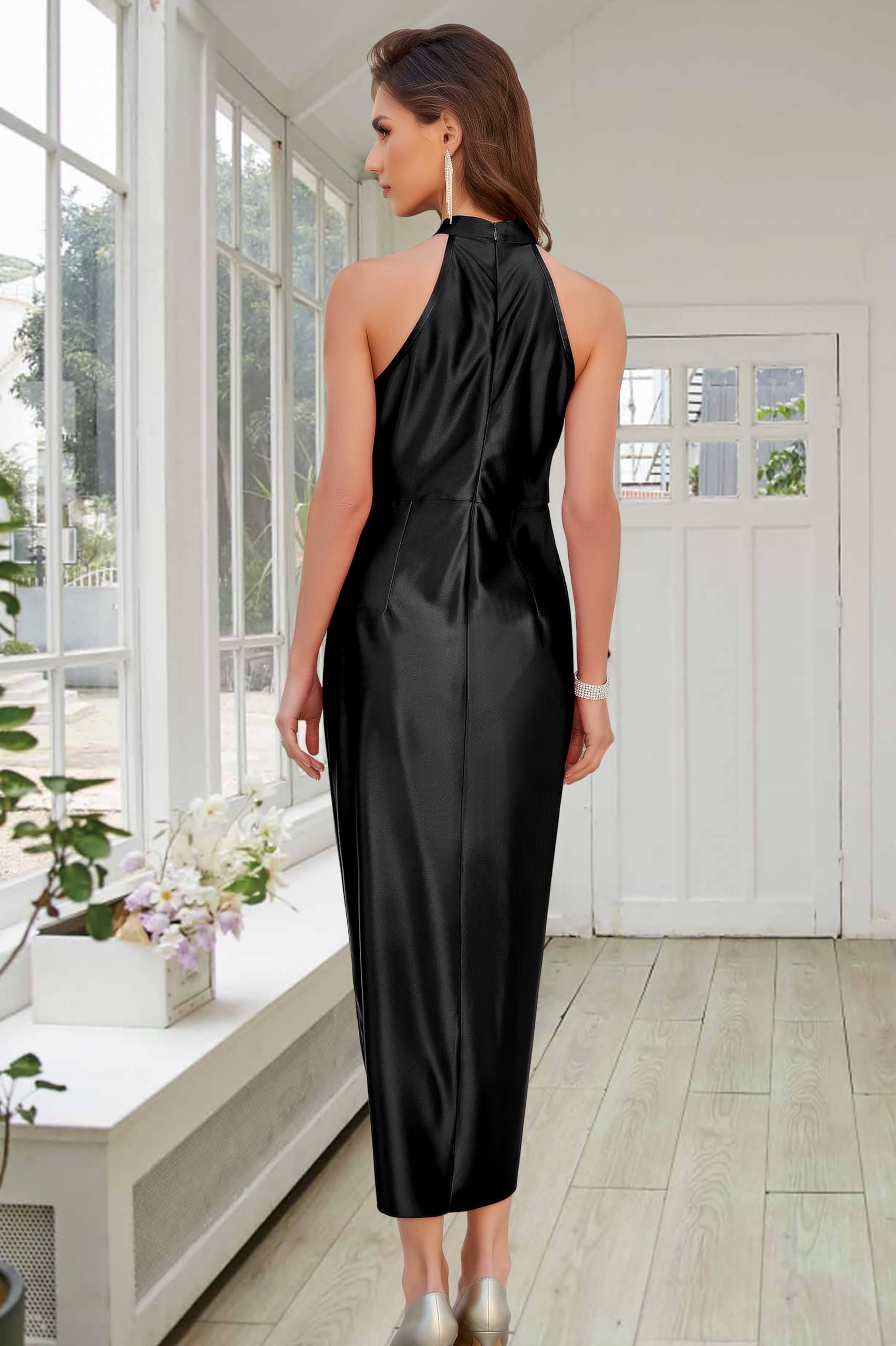 NANYUAYA Women's 2024 Summer Satin Midi Dress - Elegant Sleeveless Halter Neck Cocktail Party Dress for Weddings, Evening Events & Special Occasions