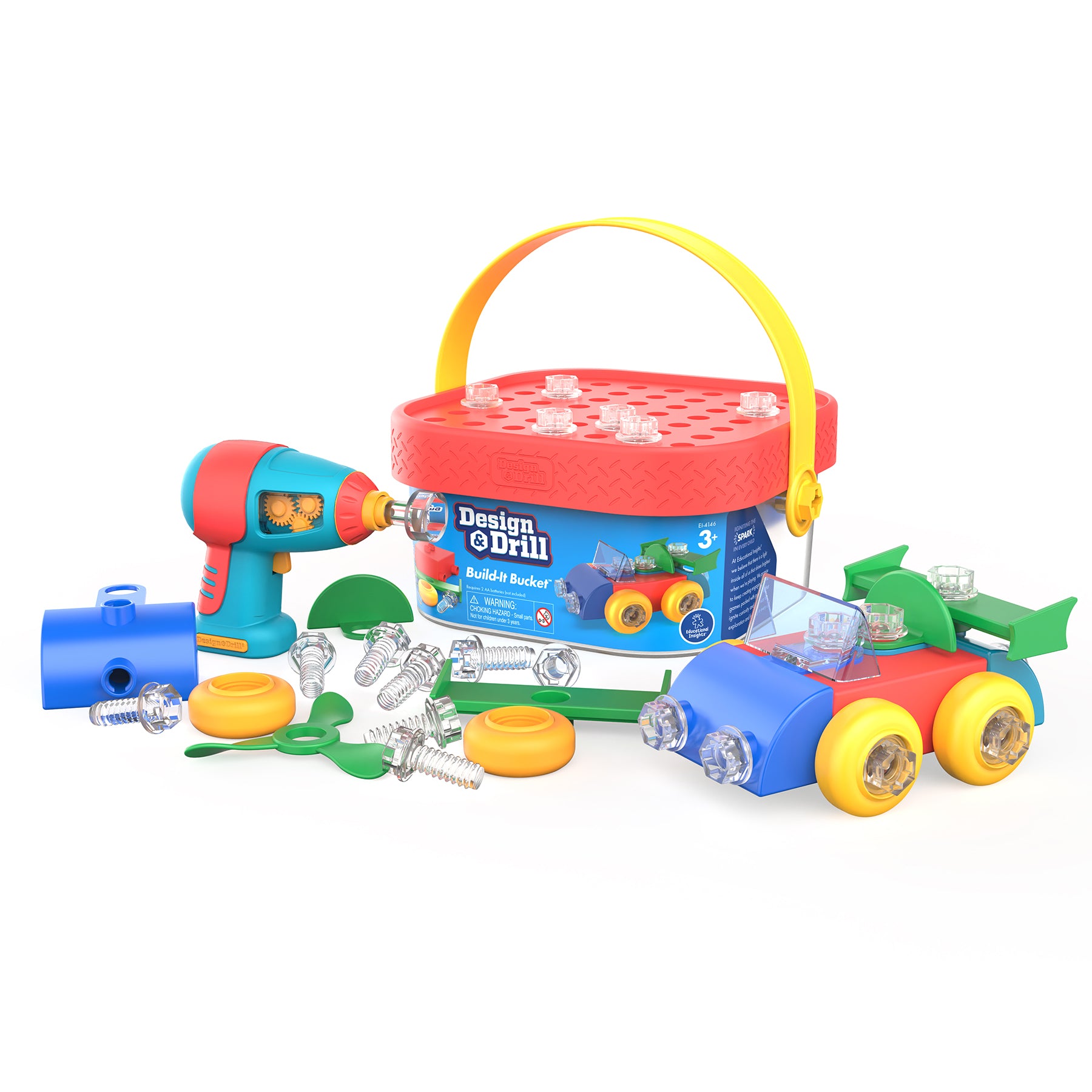 Educational Insights Design & Drill Build It Bucket - Portable Construction Toy for Kids with 60+ Pieces, STEM Learning Activity for Preschoolers - Perfect for Indoor Play, Travel & Birthday Gifts