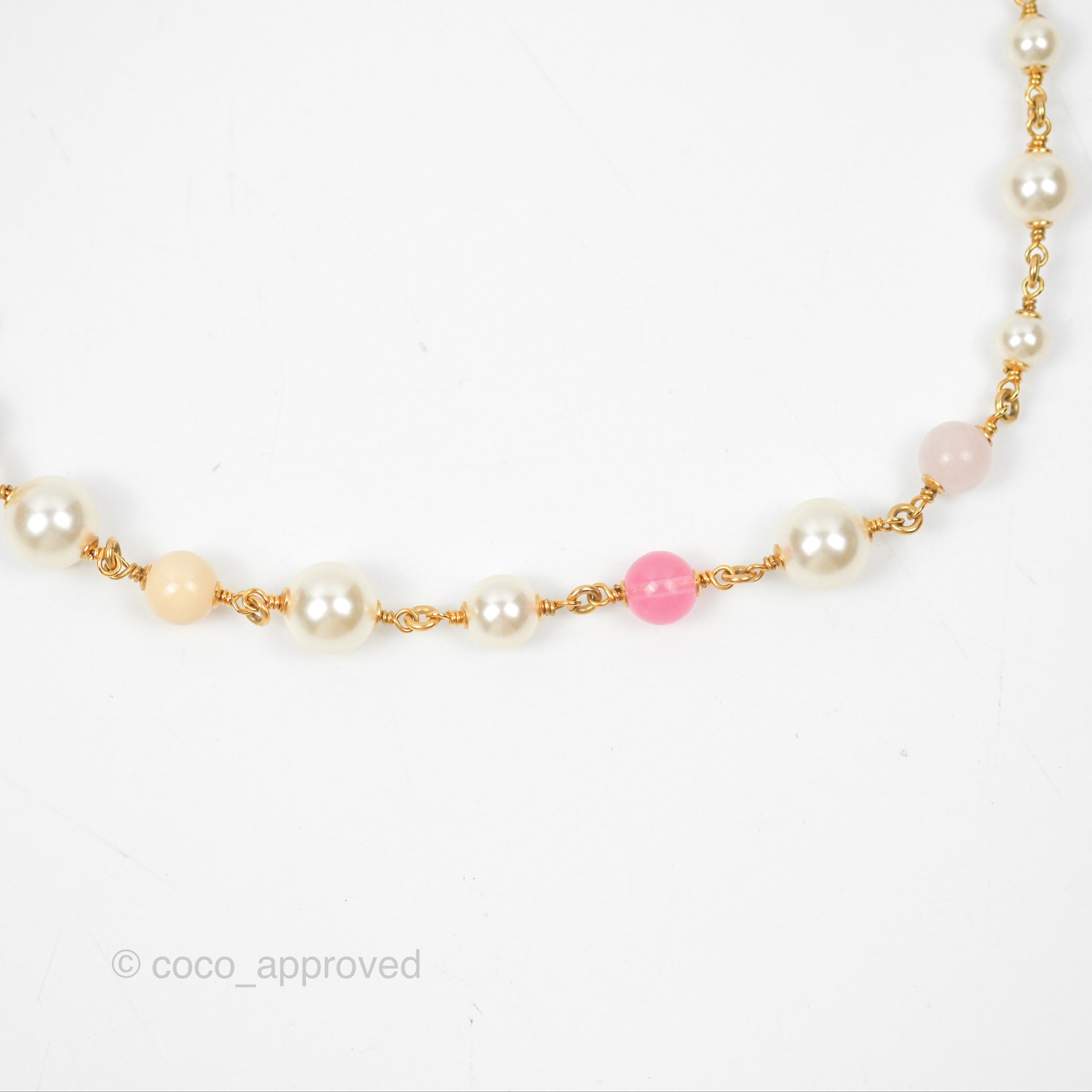 Chanel CC Pearl Pink Beaded Necklace in Gold Tone - Elegant Fashion Jewelry for Women, Perfect for Parties, Weddings & Special Occasions