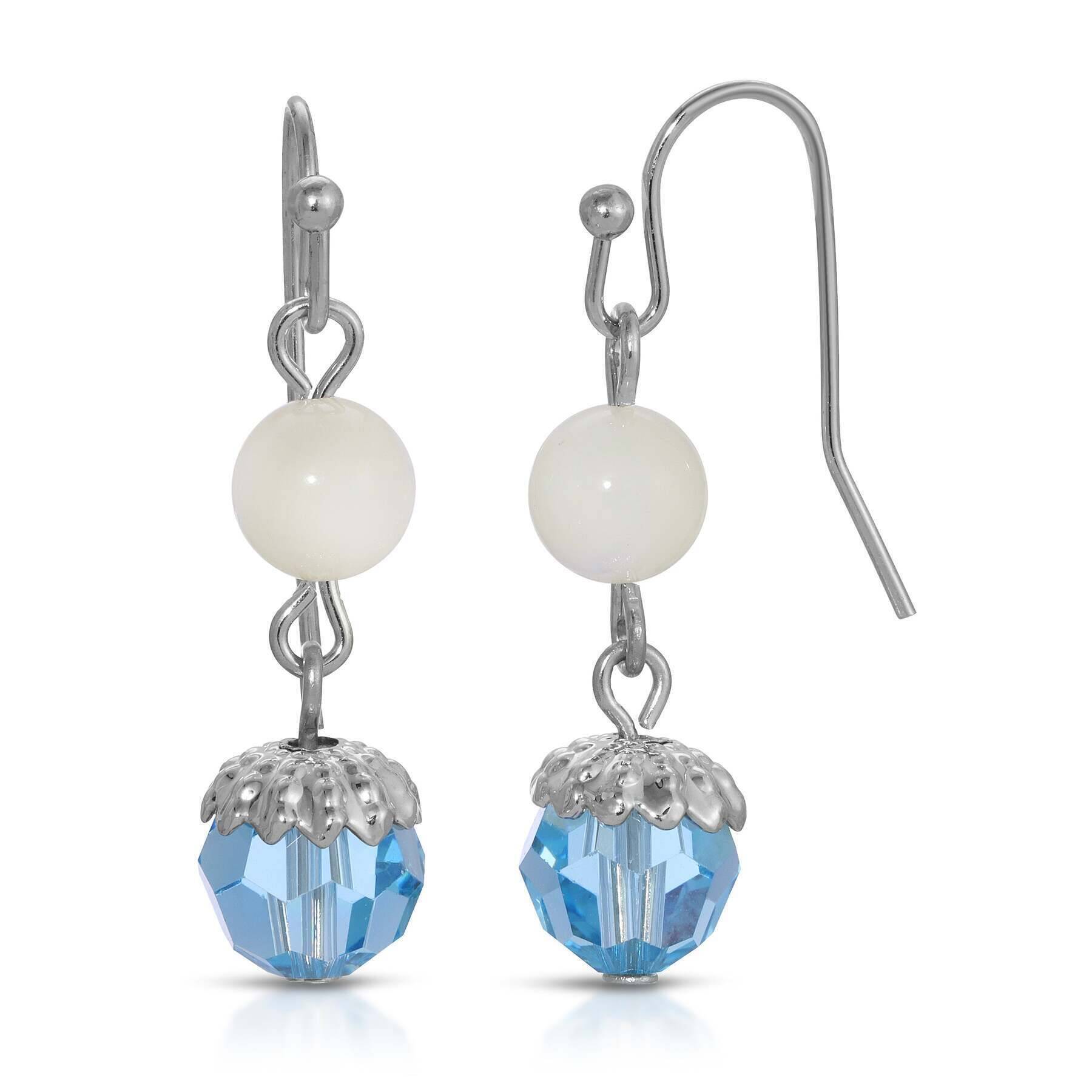 1928 Jewelry Aquamarine Crystal Mother of Pearl Drop Bead Earrings - Vintage Dangle Earrings for Women, Elegant Bridal Party Wedding Jewelry Gift