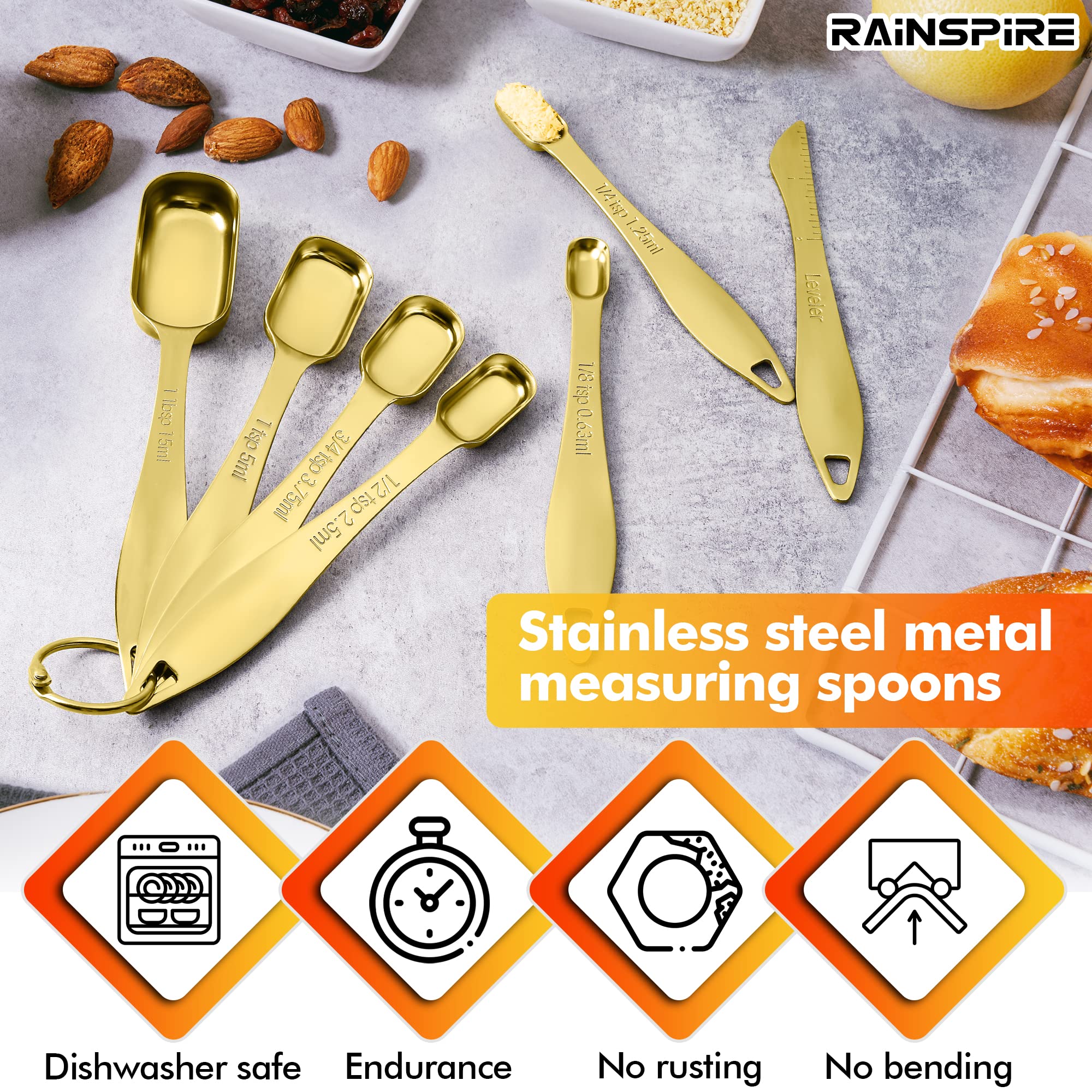 Premium Stainless Steel Measuring Spoons and Cups Set - Heavy Duty 7-Piece Kitchen Tools for Dry & Liquid Ingredients (Gold) - Perfect for Baking, Cooking, Spice Jars & Home Kitchen Organization