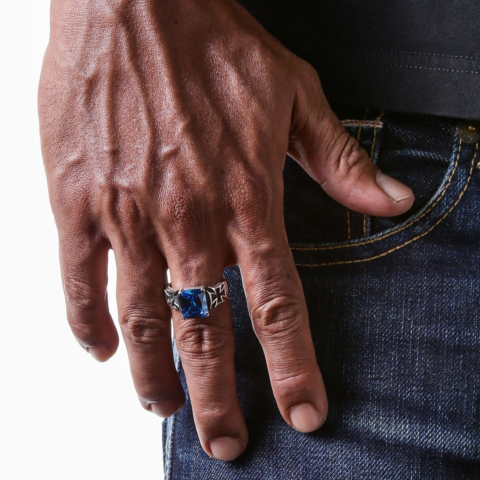 Blue Sapphire Iron Cross Sterling Silver Ring for Men - Gothic Punk Jewelry, Perfect for Everyday Wear & Special Occasions