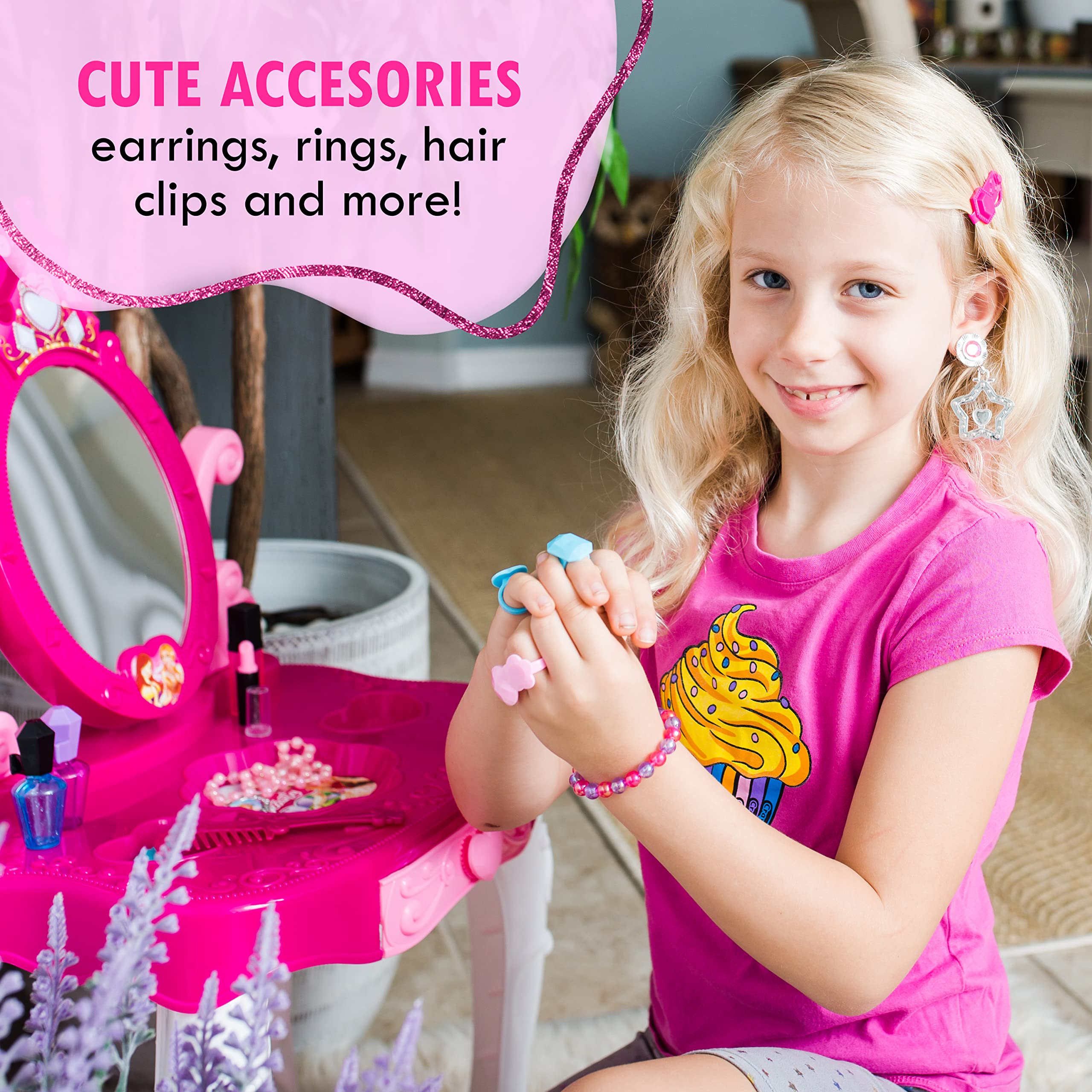 Play Vanity Sets for Girls - Toddler Makeup Vanity Playset with Mirror & Table | Kids Beauty Set with Fashion Accessories | Pretend Play, Birthday Gift & Room Decor