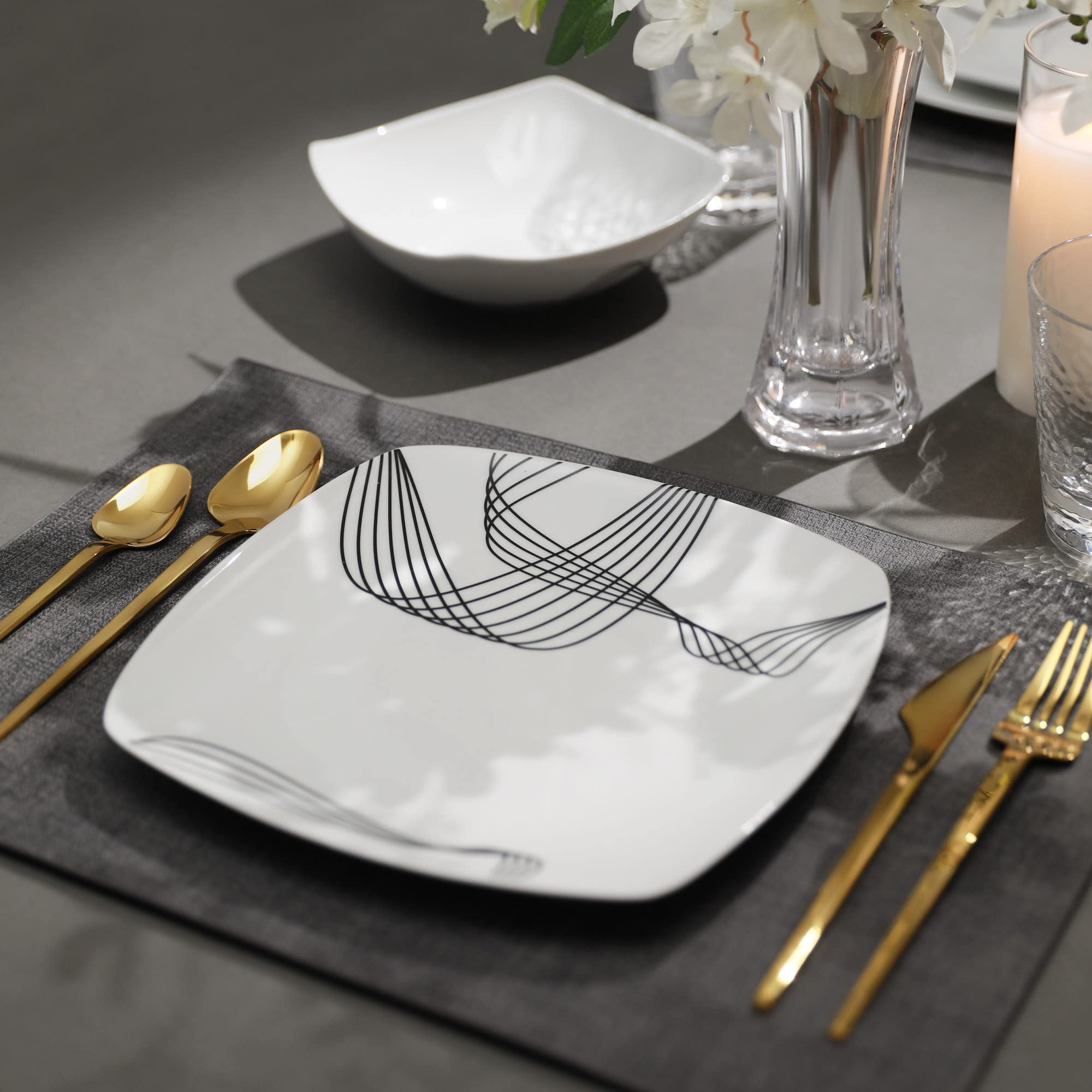 18-Piece Square Porcelain Dinnerware Set for 6 - Modern Ceramic Plates & Bowls - Dishwasher & Microwave Safe - Minimalist Line Spectrum Design - Perfect for Everyday Dining, Dinner Parties & Restaurant Use