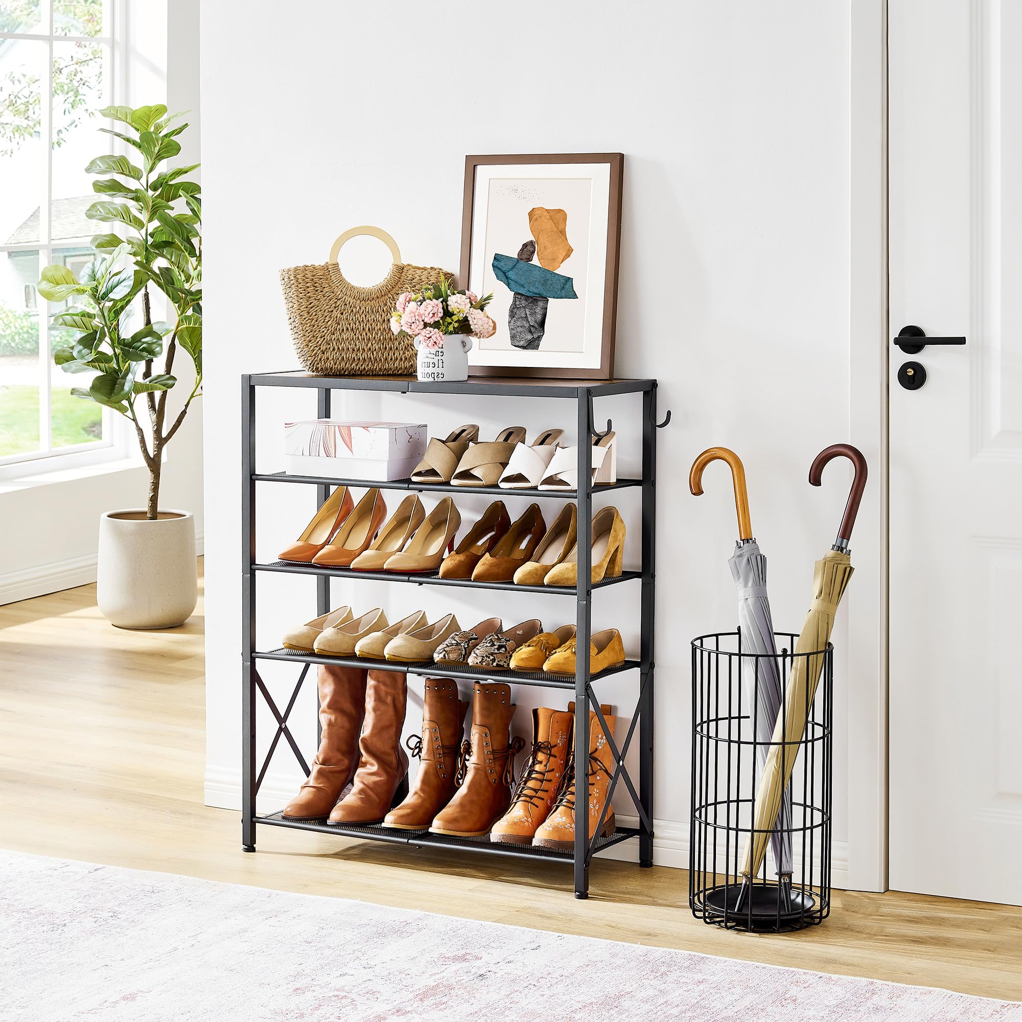 5-Tier Metal Mesh Shoe Rack Organizer - Holds 16-20 Pairs of Shoes with X-Shape Fixed Frame & 2 Hooks - Rustic Brown & Black Entryway Storage Solution for Home, Apartment, Dorm Room (Perfect for Small Spaces & Closet Organization)