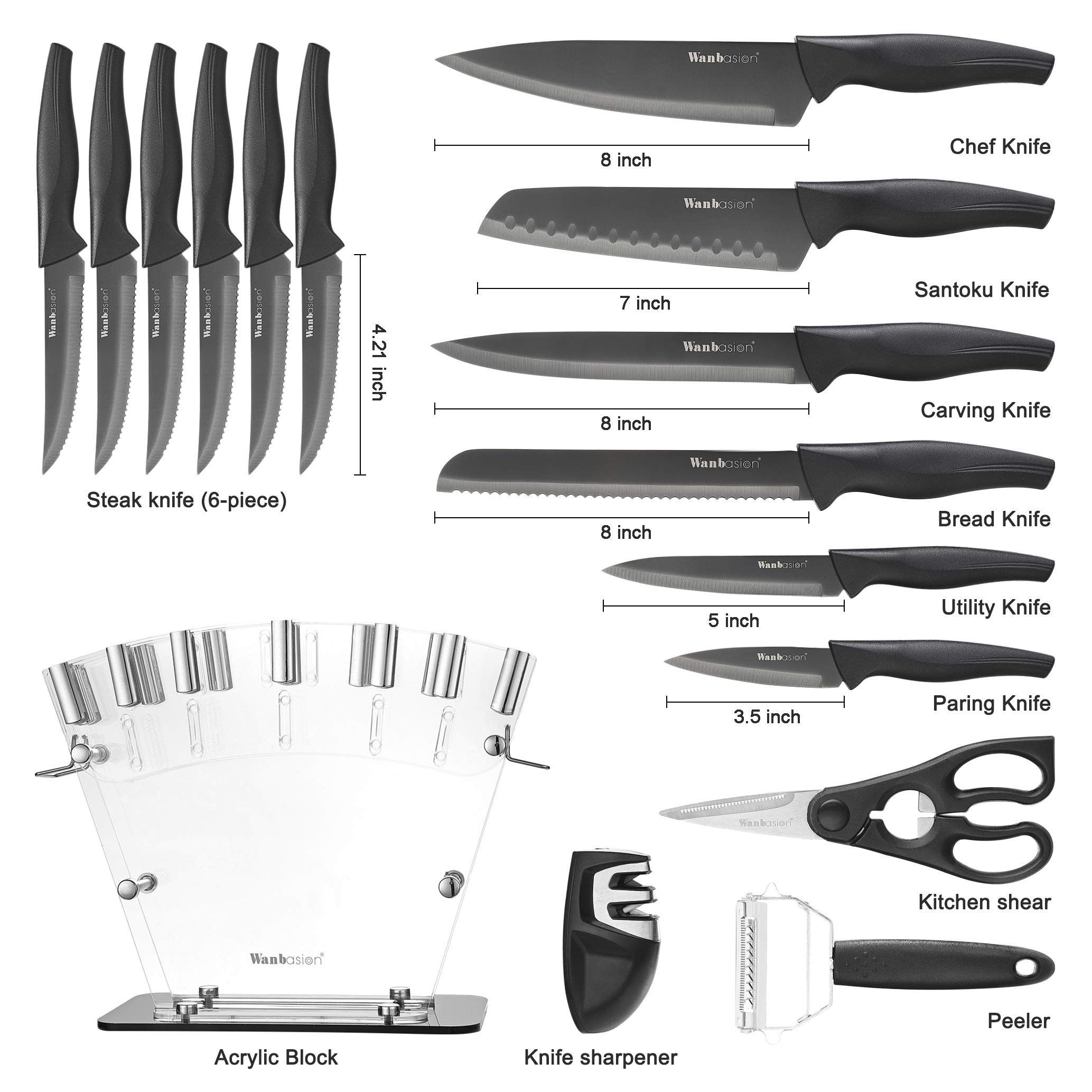 Wanbasion 16-Piece Black Stainless Steel Kitchen Knife Set with Acrylic Block & Sharpener – Professional Chef Knives for Cooking, Slicing, and Food Prep
