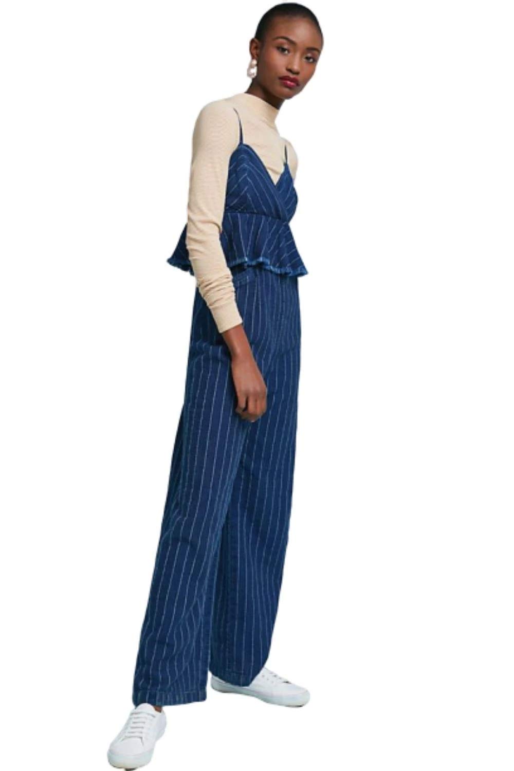Anthropologie Ettwa Striped Denim Peplum Ruffle Sleeveless Blue Jumpsuit for Women (XS) - Perfect for Summer Outfits, Beach Vacations & Casual Chic Style