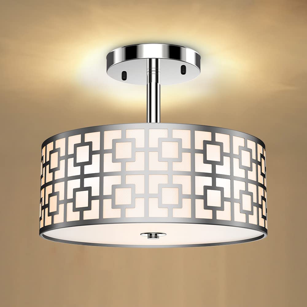 Depuley 12.6 Inch Modern Semi Flush Mount Ceiling Light Fixture - 3-Light Drum Chandelier for Bedroom, Dining Room, Kitchen, Hallway, Entryway, Foyer & Living Room - Black/Silver Finish - Perfect for Ambient Lighting and Home Decor