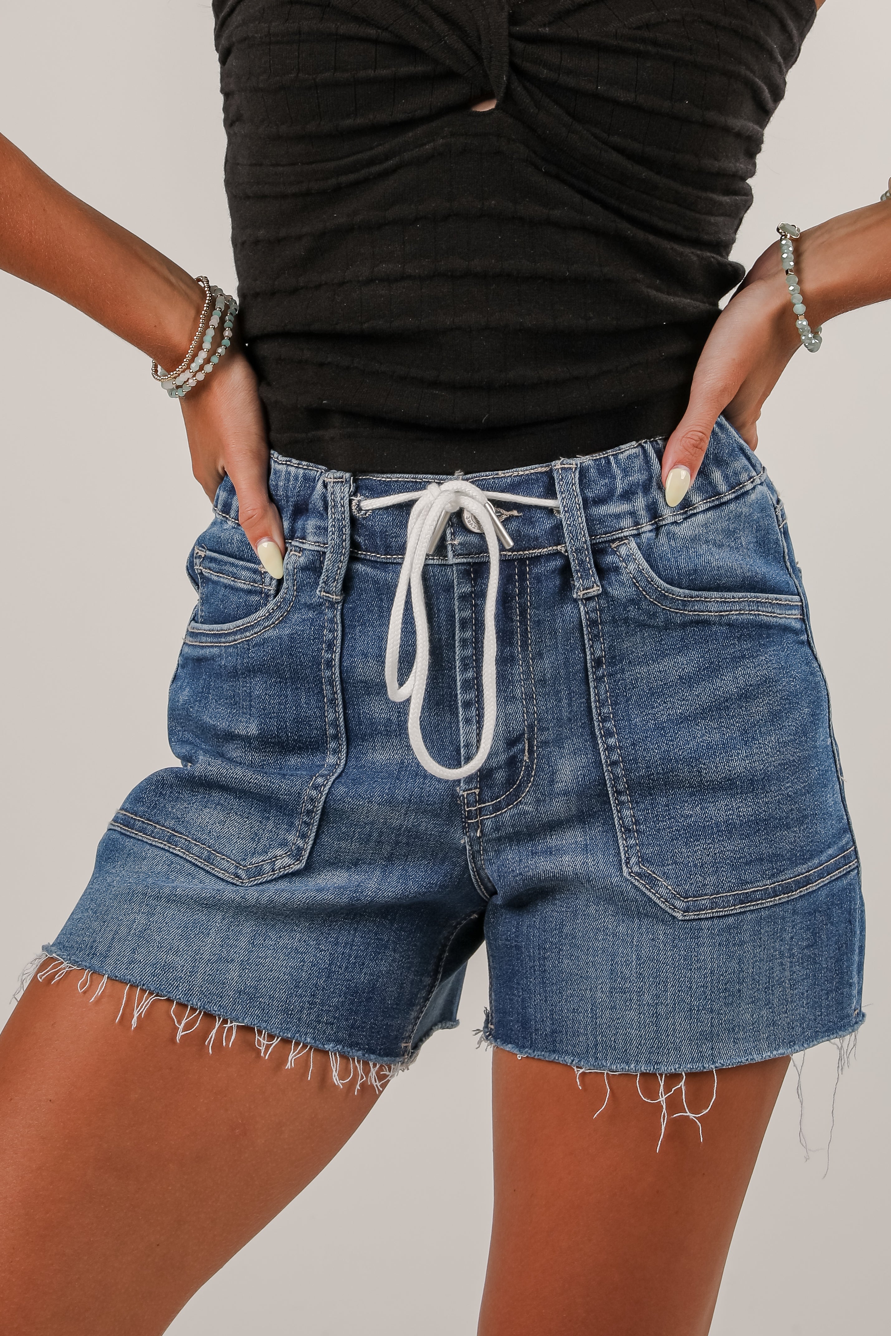 Aubrey Medium Wash High Rise Drawstring Denim Shorts for Women - Comfortable Stretch Jeans Shorts with Adjustable Waist - Perfect for Summer, Beach, and Casual Outfits