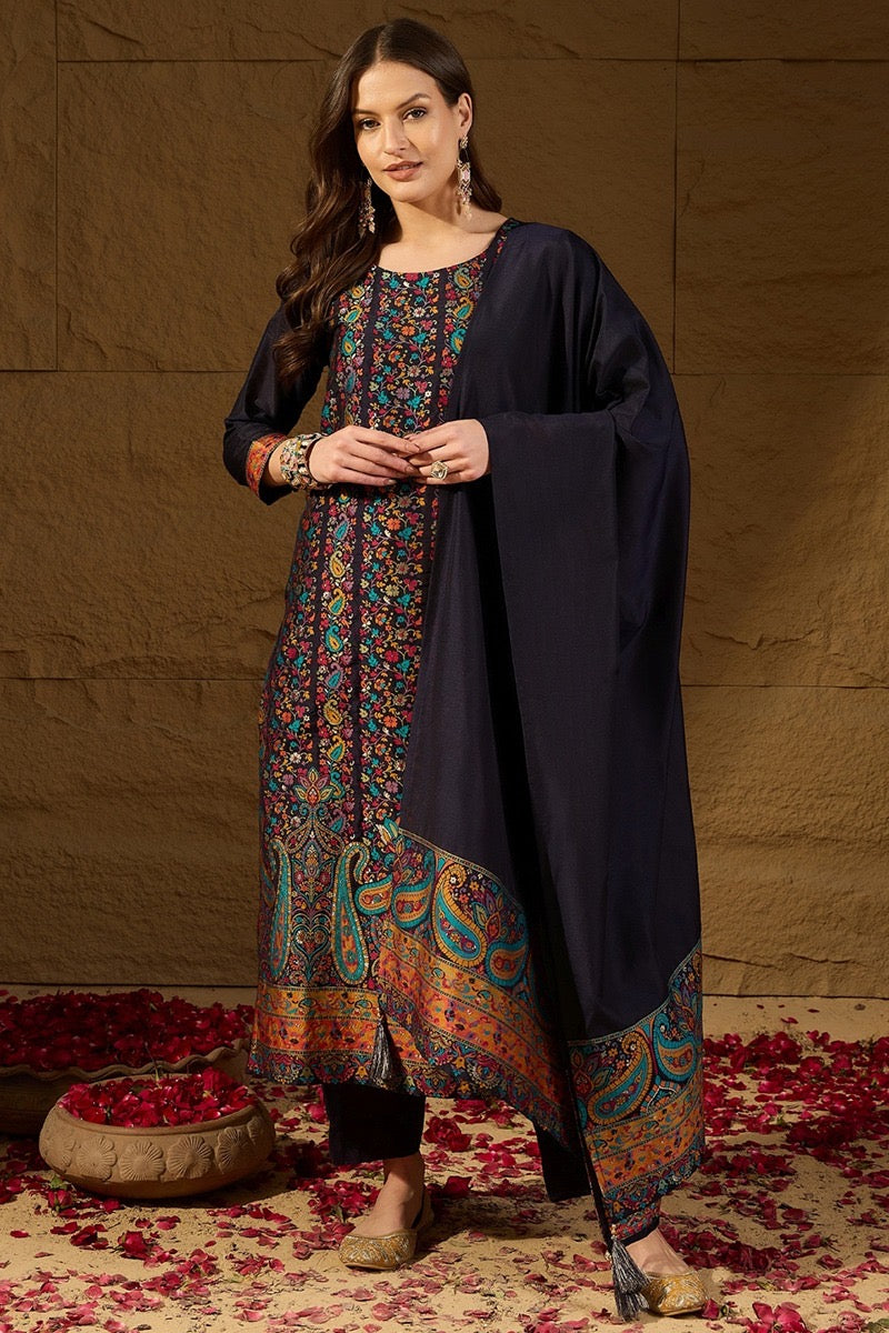 Elegant Navy Blue Chanderi Silk Kurta Set for Women - Traditional Indian Ethnic Wear for Festivals, Weddings & Special Occasions